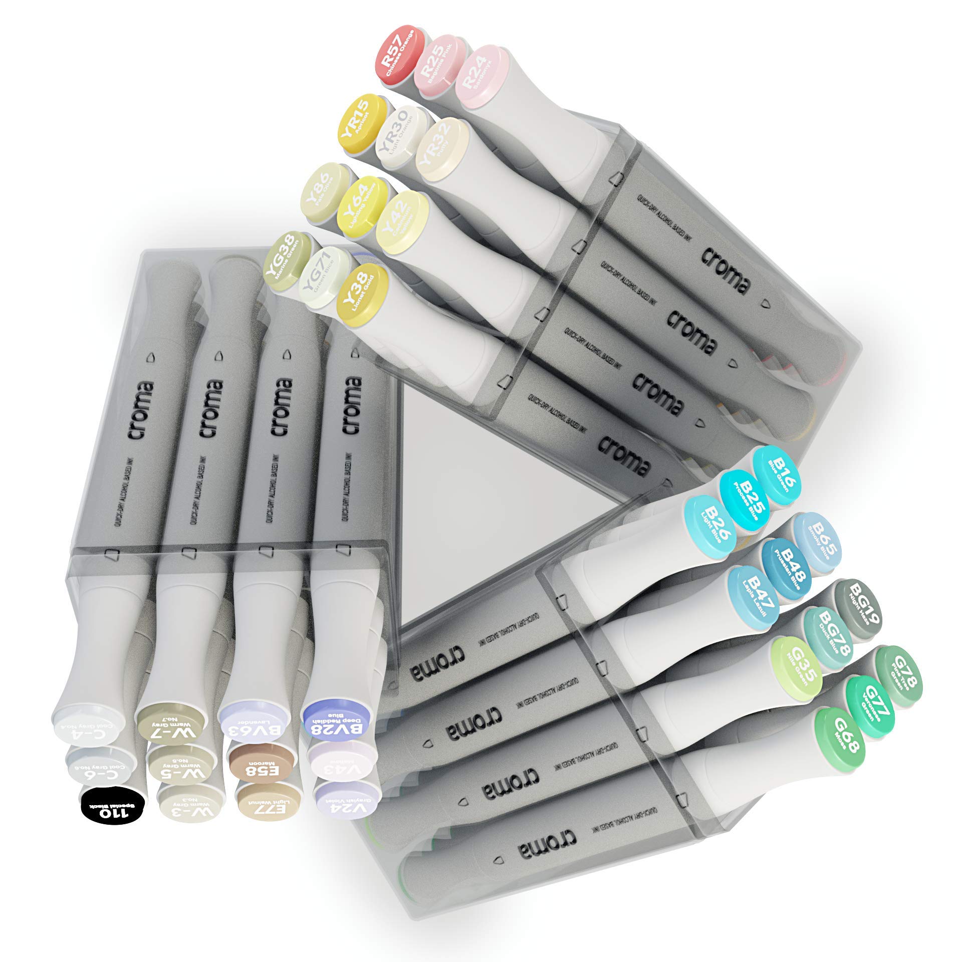 Dual Tip Alcohol-Based Sketch Markers - Croma Brush 36 Colors Set (Basic/Skin/Gray) with Replaceable Nibs & Acrylic Case | Odorless, Ergonomic Design for Manga, Comic & Illustration Art | Perfect for Professional Artists, Students & DIY Coloring Projects