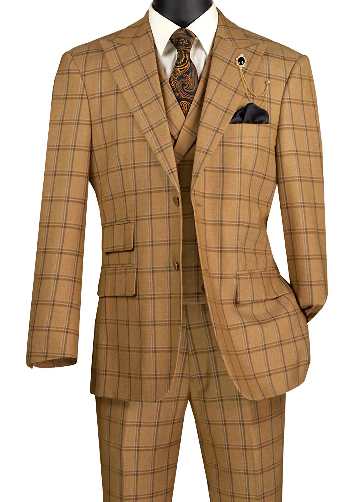 Tessori Collection Modern Fit Windowpane 3-Piece Suit in Camel | Business Formal Attire for Men, Office Wear & Special Occasions