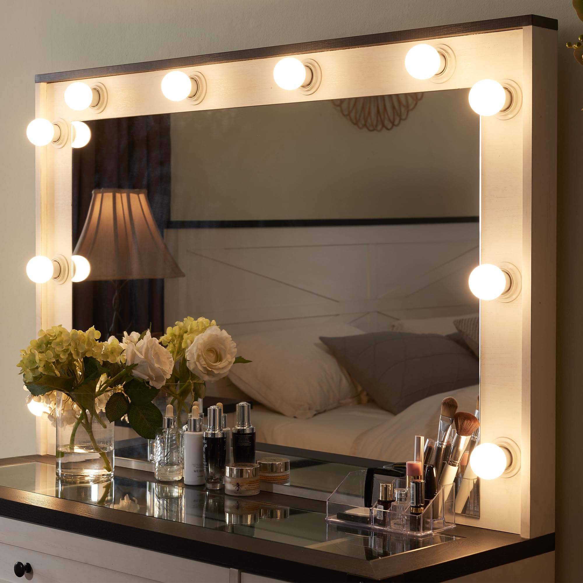 Farmhouse Vanity Desk with Hollywood Makeup Mirror - White Bedroom Vanity Set with 3 Drawers & 2 Cabinets, Detachable Light Bulbs & Stool Included - Perfect for Makeup, Dressing Room, and Bedroom Decor
