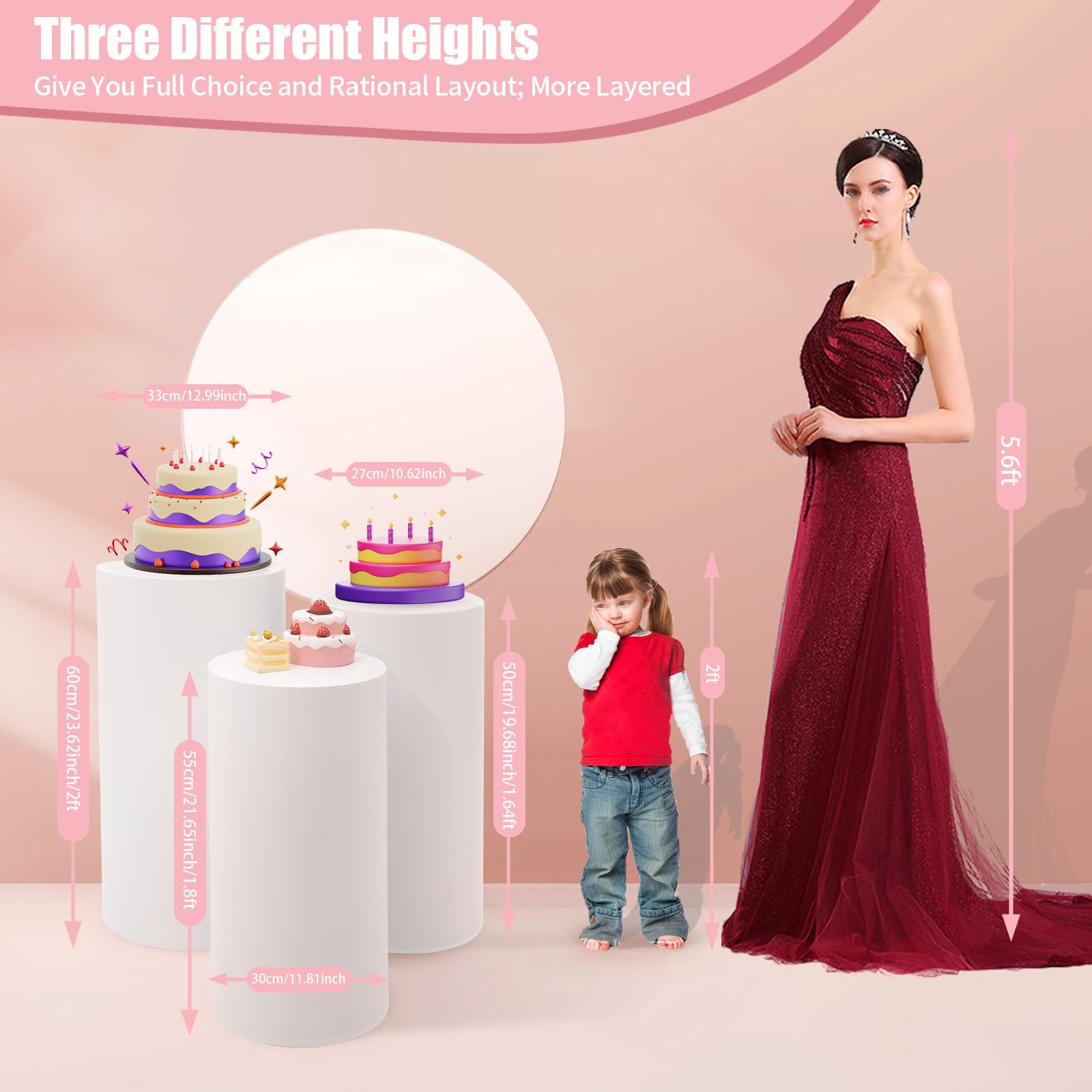 3Pcs White Cylindrical Display Stands for Cake, Flowers & Decor - Wedding, Party & Event Pedestal Stands - Perfect for Dessert Tables, Centerpieces & Home Decor