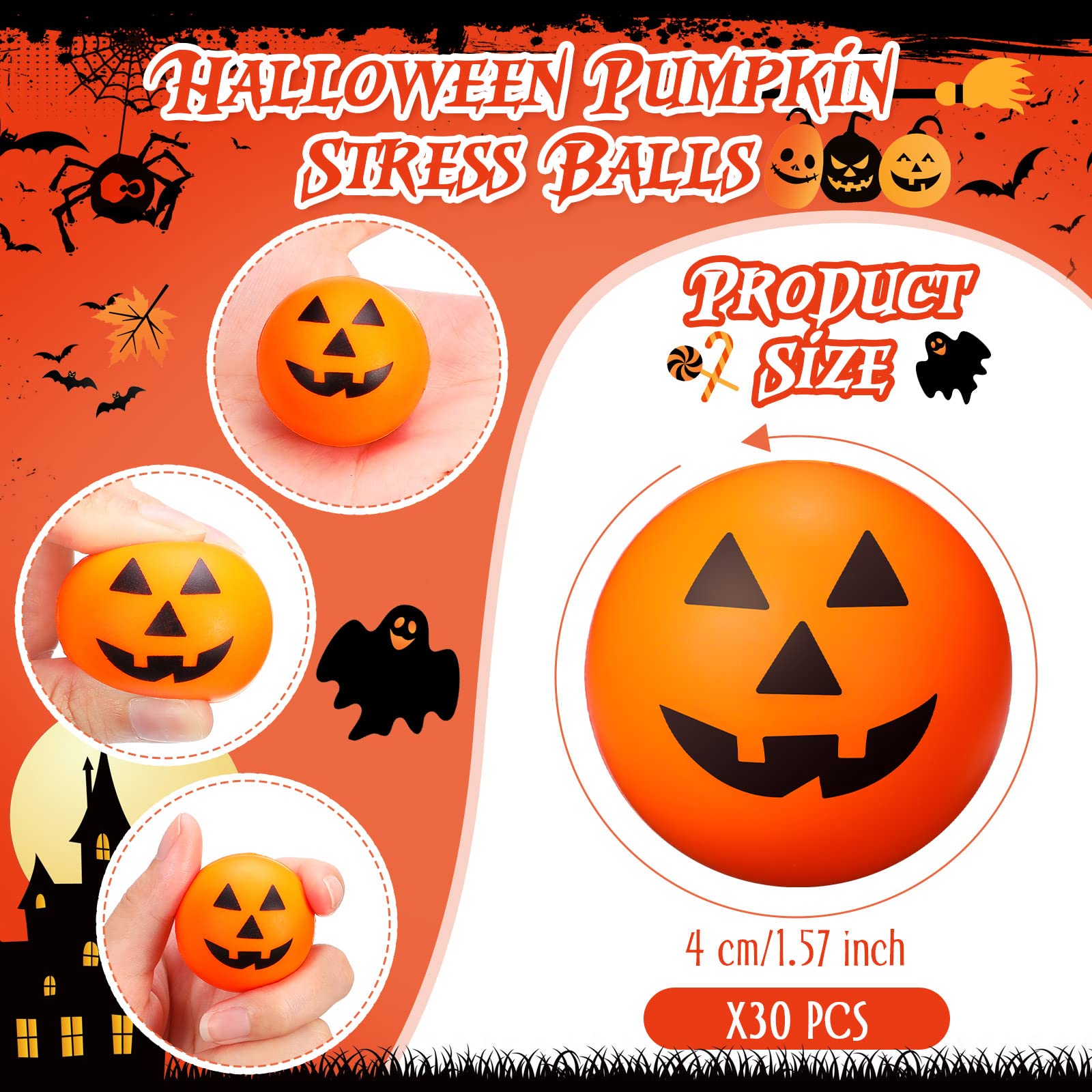 Jerify 30-Pack Halloween Stress Balls - 1.57 Inch Foam Pumpkin, Ghost & Bat Shapes - Bulk Party Favors for Halloween, Carnival, Fall Festival - Perfect for Classroom Rewards, Office Stress Relief & Trick-or-Treat Goodie Bags