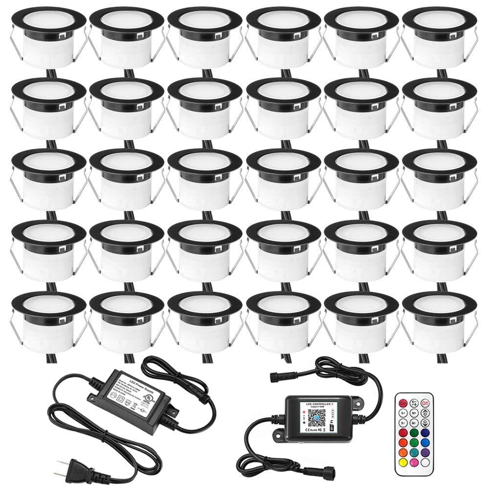FVTLED WiFi LED Deck Lights Kit - 30pcs RGBW Smart Recessed Lighting with Phone App Control, Low Voltage Multicolor & Warm White Outdoor Soffit Path Stair Lights - Compatible with Alexa & Google Home (Black Shell) - Perfect for Backyard, Garden, Patio, and Landscape Lighting