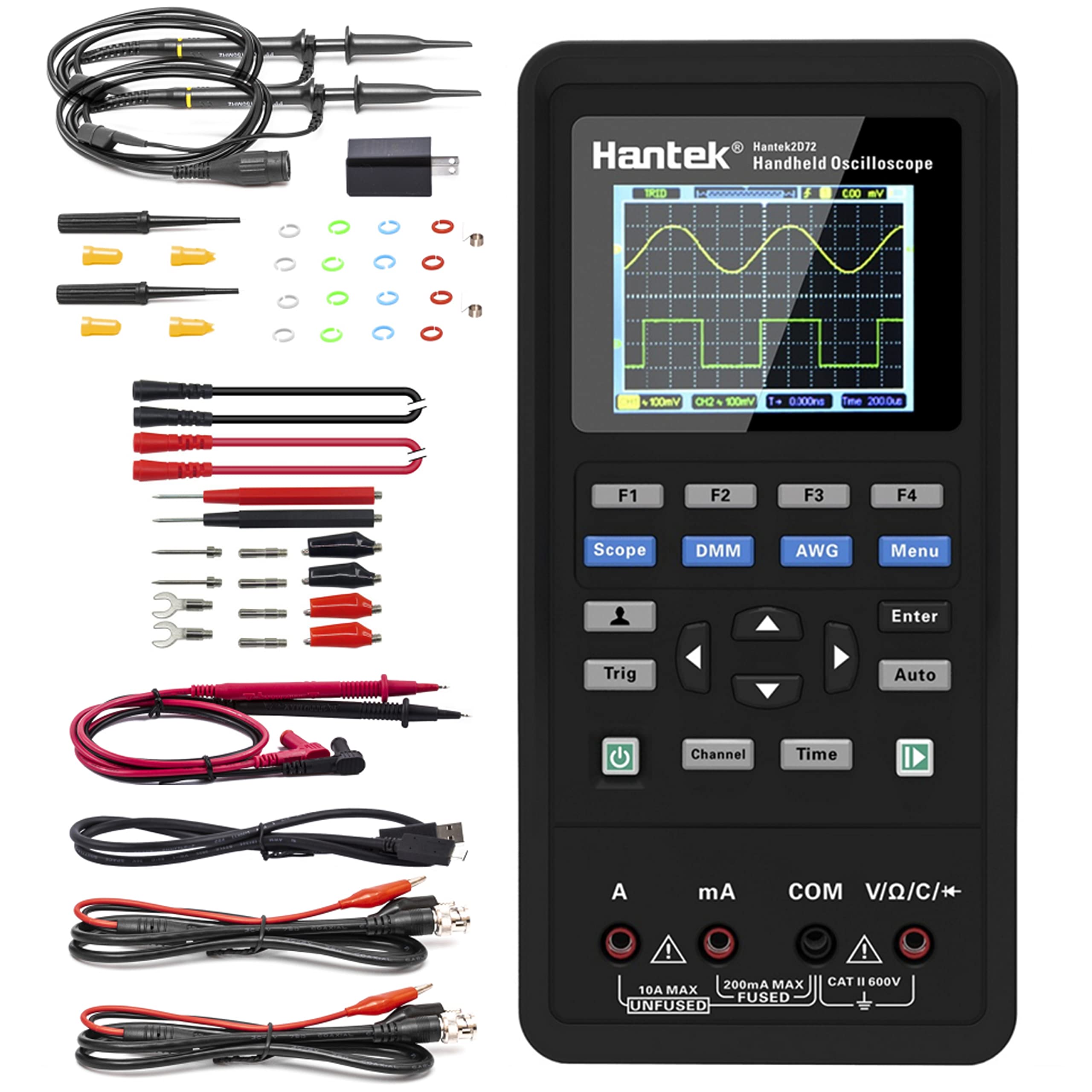 Hantek 2D72 70MHz Handheld Digital Oscilloscope with Waveform Generator & Multimeter - 3-in-1 Portable Oscilloscope Multifunction Tester (2CH+AFG+DMM) w/ 2 Probes - Ideal for Electronics Repair, Circuit Testing & Engineering Education