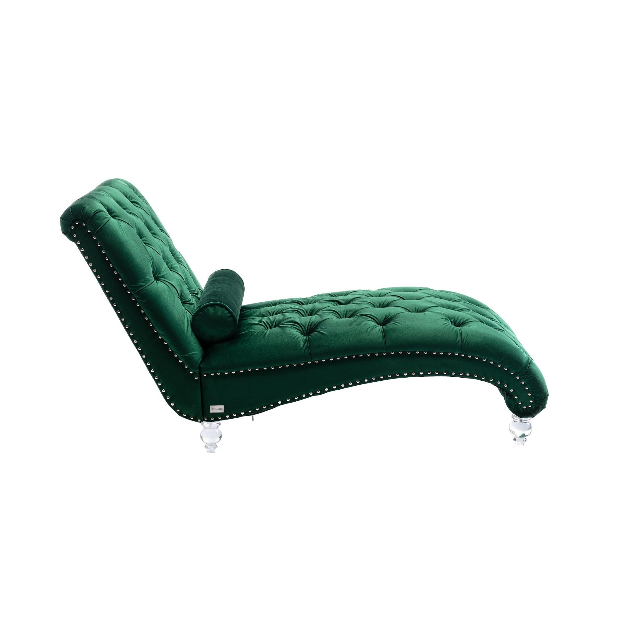 Luxury Velvet Chaise Lounge Chair - Button Tufted Upholstered Sofa with Pillow for Bedroom, Living Room & Office | Emerald Green Velvet Fabric | Perfect for Reading Nook, Lounge Area & Home Decor