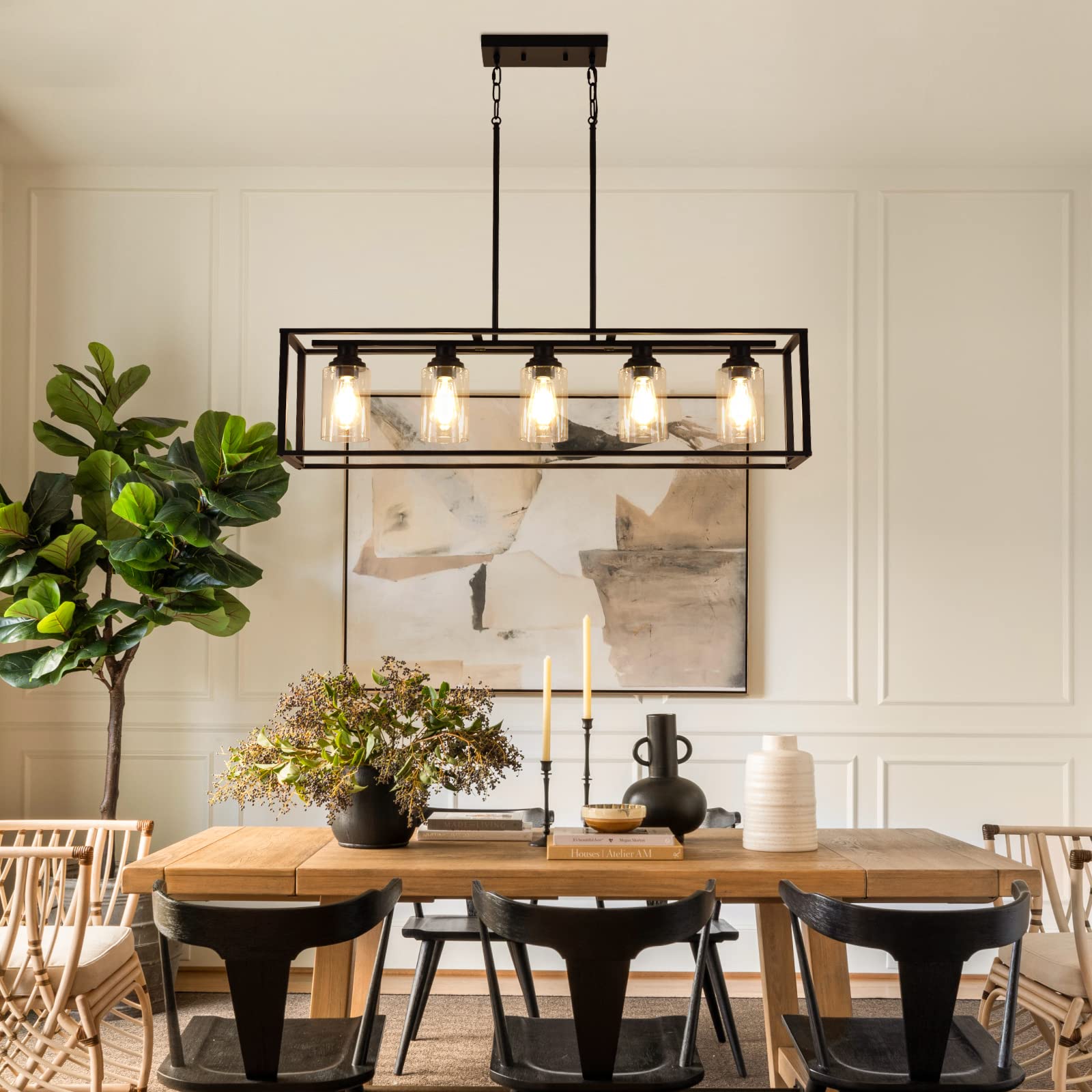 Black Farmhouse 5-Light Chandelier with Clear Glass - Kitchen Island Lighting & Dining Room Ceiling Fixture - Perfect for Farmhouse, Rustic, and Modern Dining Areas