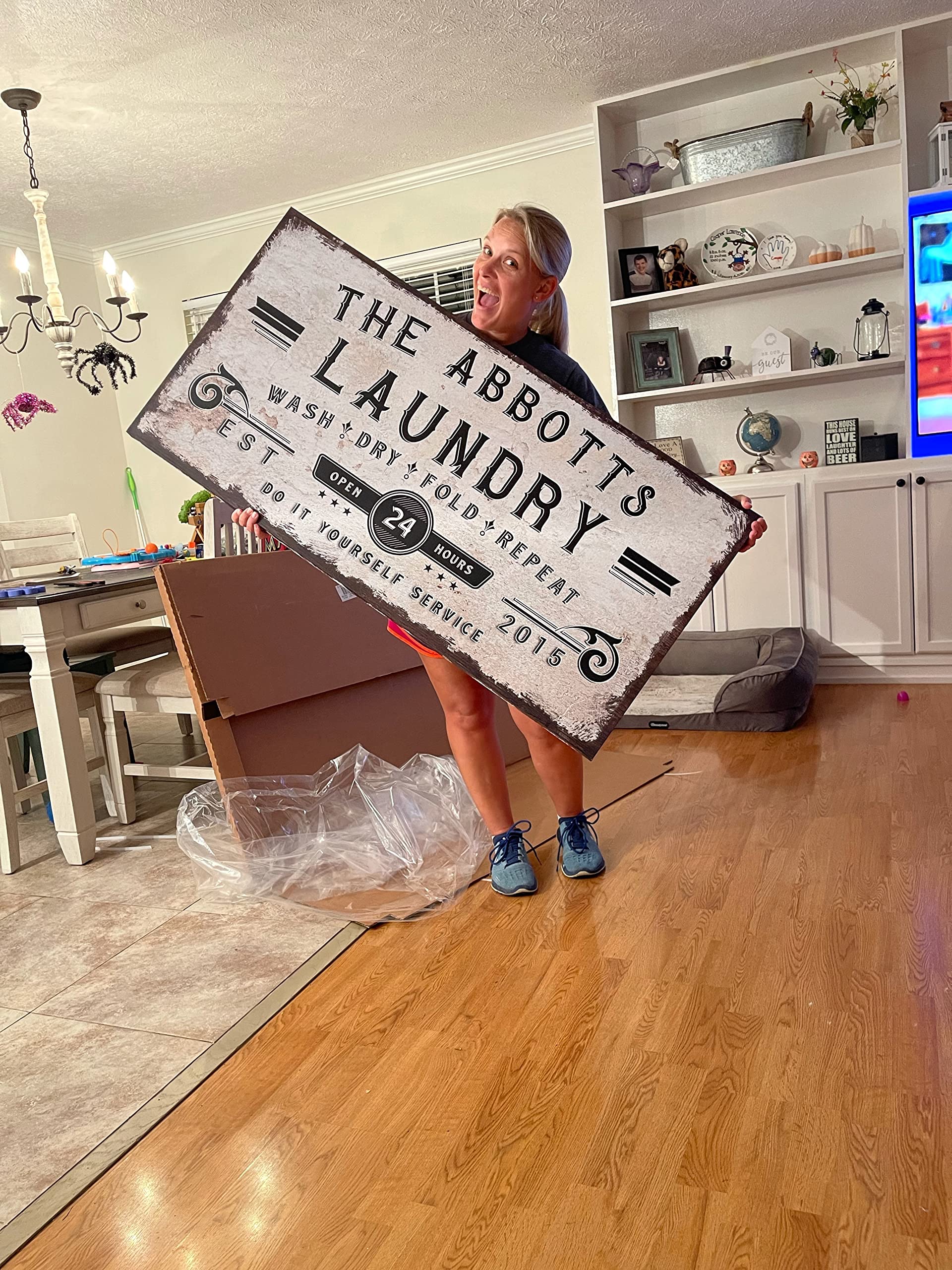 Personalized Laundry Room Wall Art - Custom Family Name Canvas Sign 'Wash Dry Fold Repeat' - Rustic Farmhouse Decor (48x16 Inches) for Home, Business & Laundry Room Organization