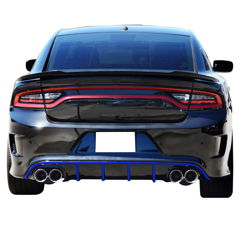 IKON MOTORSPORTS Front Bumper Lip Spoiler & Rear Diffuser for 2015-2023 Dodge Charger SRT | Quad Exhaust Design with Blue Reflective Tape | Aggressive Styling Upgrade for Street Racing & Car Shows