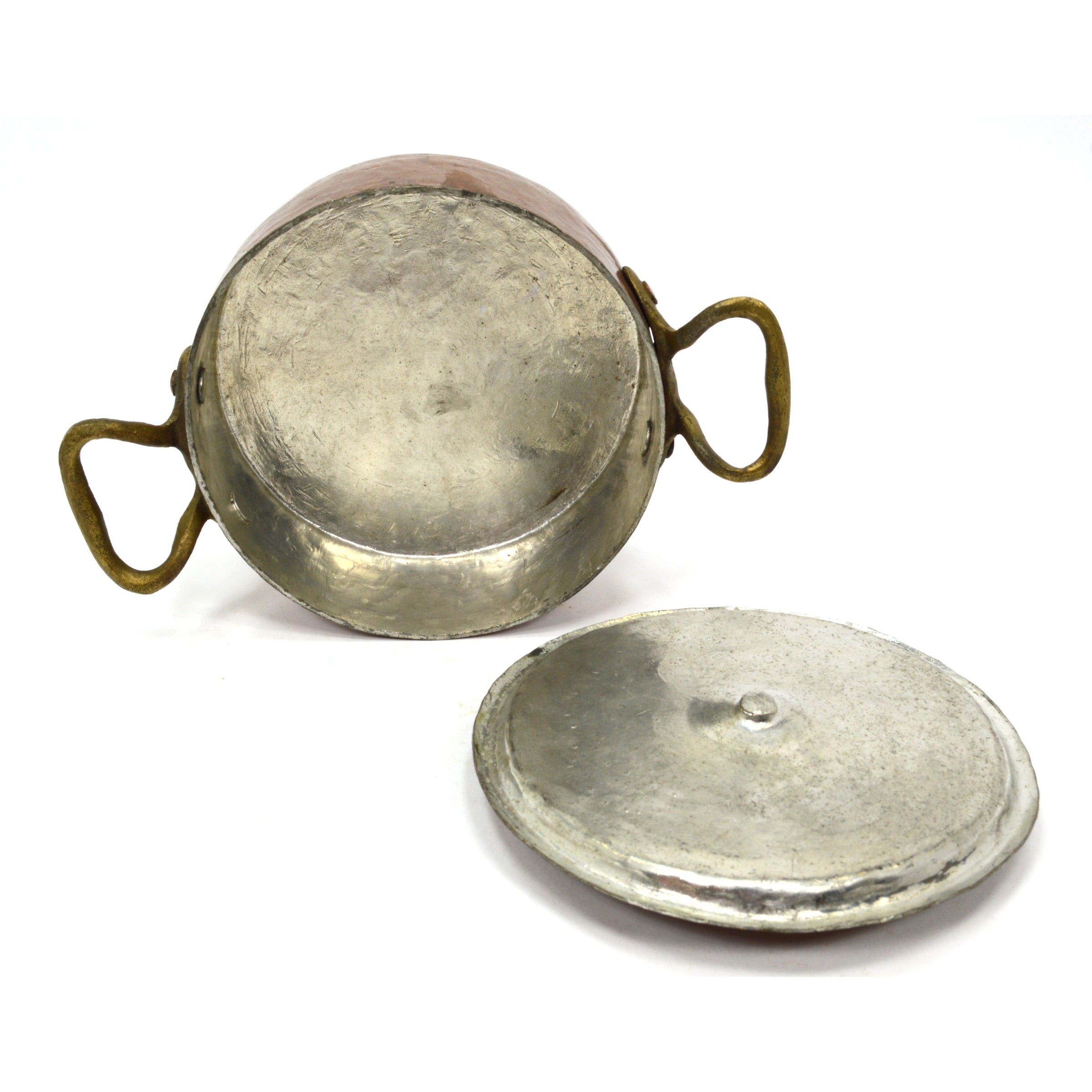 Vintage Copper & Tin Braising Pan - 5 Single Serve Bowls with Lid & 2 Brass Handles | Perfect for Asian Cooking, Hot Pot & Tabletop Serving