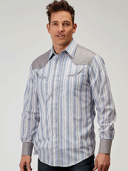 Roper Men's Long Sleeve Western Stripe Shirt - Blue Plaid Cowboy Shirt for Ranch Work, Rodeo & Casual Wear | 01 001 0087 0366