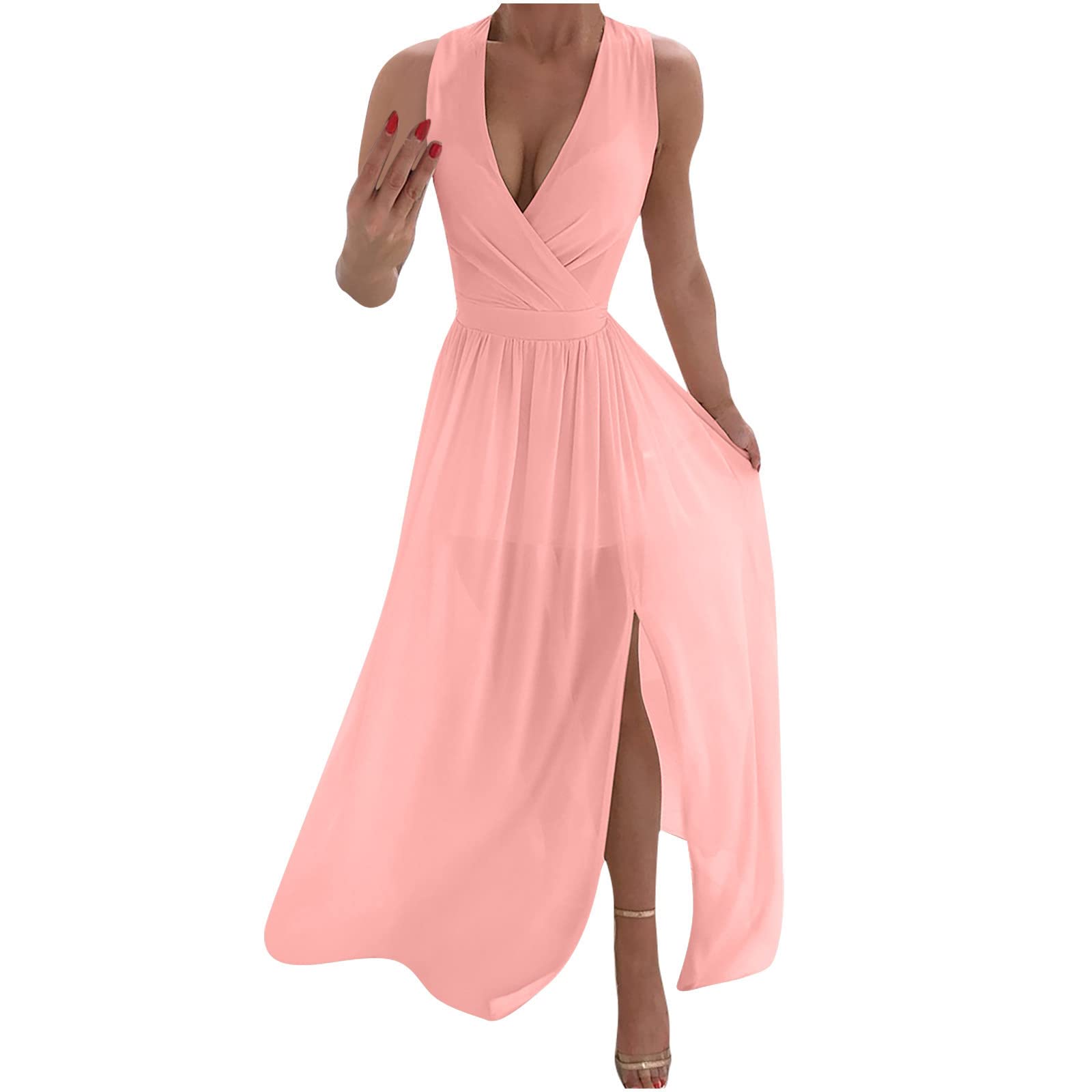 MEOILCE Women's Sexy Deep V Neck Wedding Guest Dress - Sleeveless High Waist Flowy Elegant Bridesmaid Prom Gown with Side Slit | Perfect for Weddings, Parties, Date Nights & Special Occasions