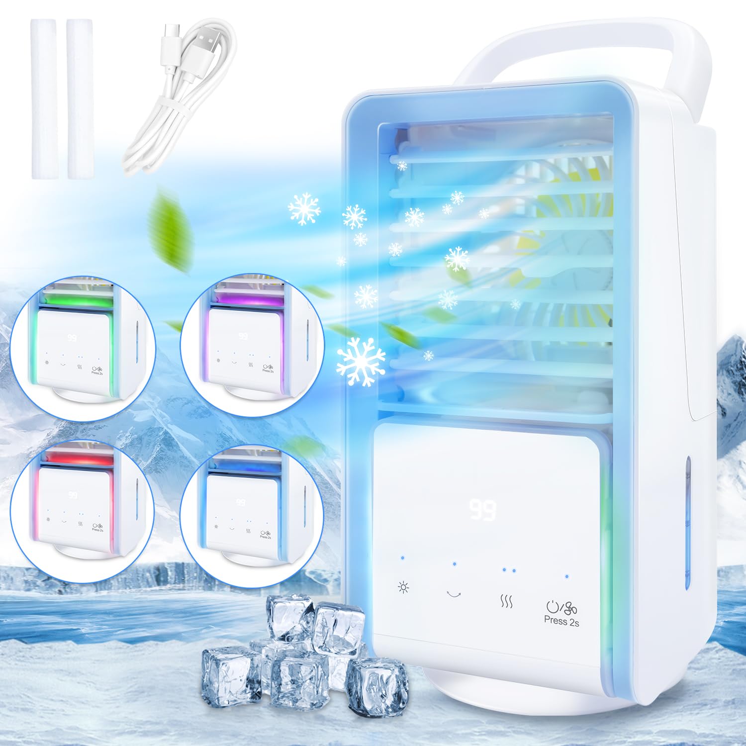 5-in-1 Portable Air Conditioner Fan with 3 Speed Settings, Cool Mist Spray & 7 LED Lights - 120° Oscillating Evaporative Air Cooler for Home, Office, Bedroom, and Outdoor Use