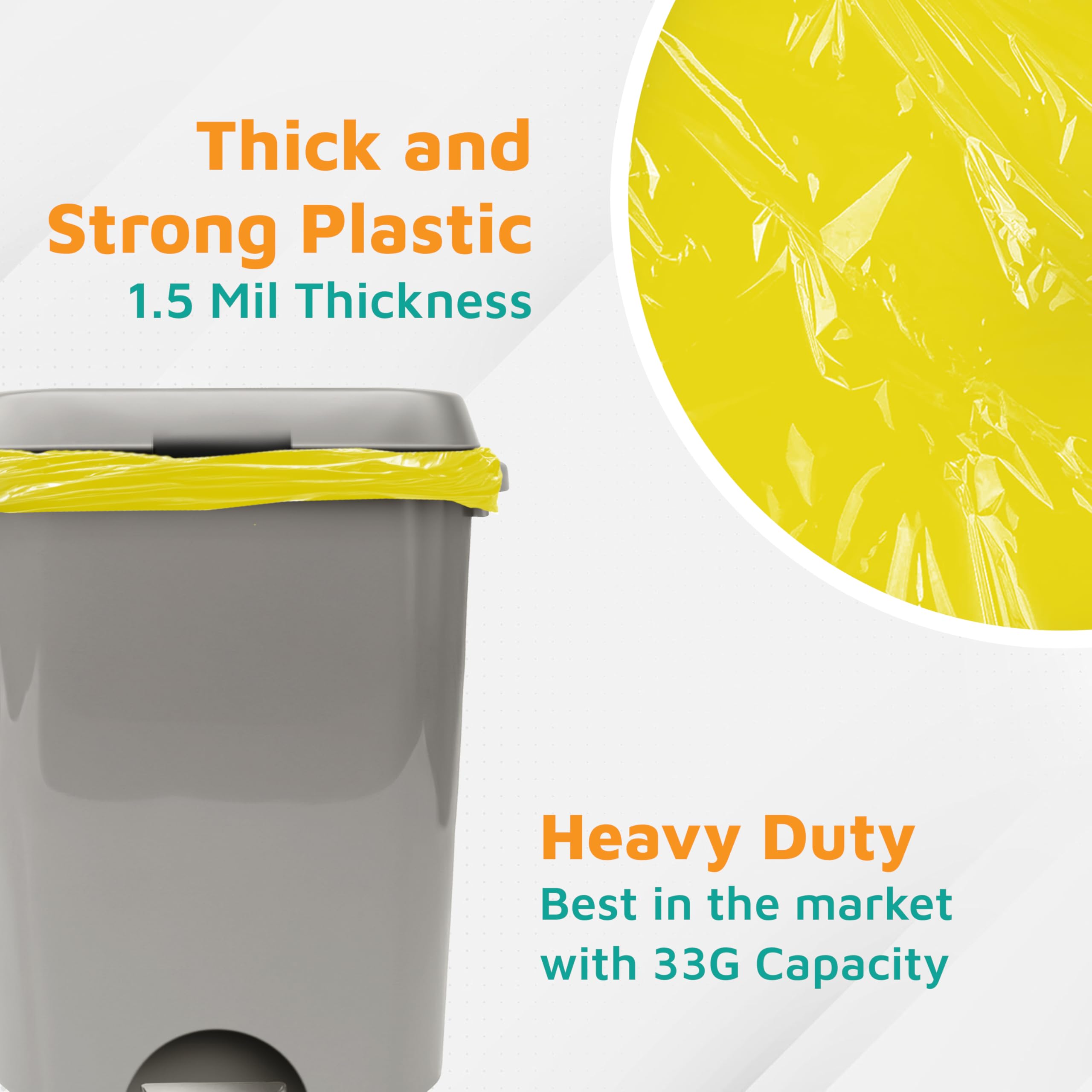 PlasticMill Heavy Duty 33-Gallon Trash Bags - 1.5 Mil Thick Yellow Garbage Bags for Kitchen, Office & Outdoor Use - 33
