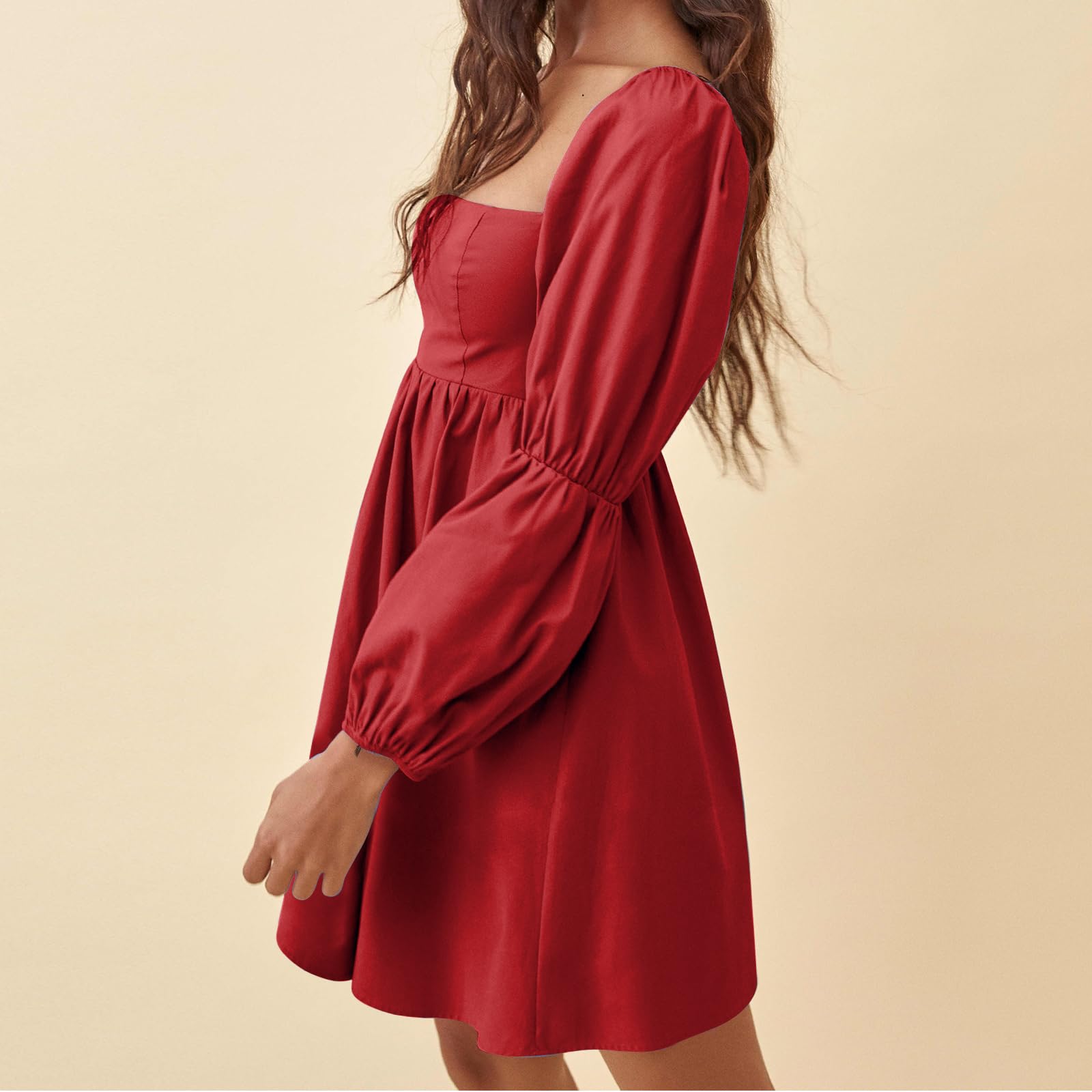 EXLURA Women's 2025 Square Neck Long Puff Sleeve A-Line Mini Dress - Casual Summer Short Dress for Beach, Party & Date Night
