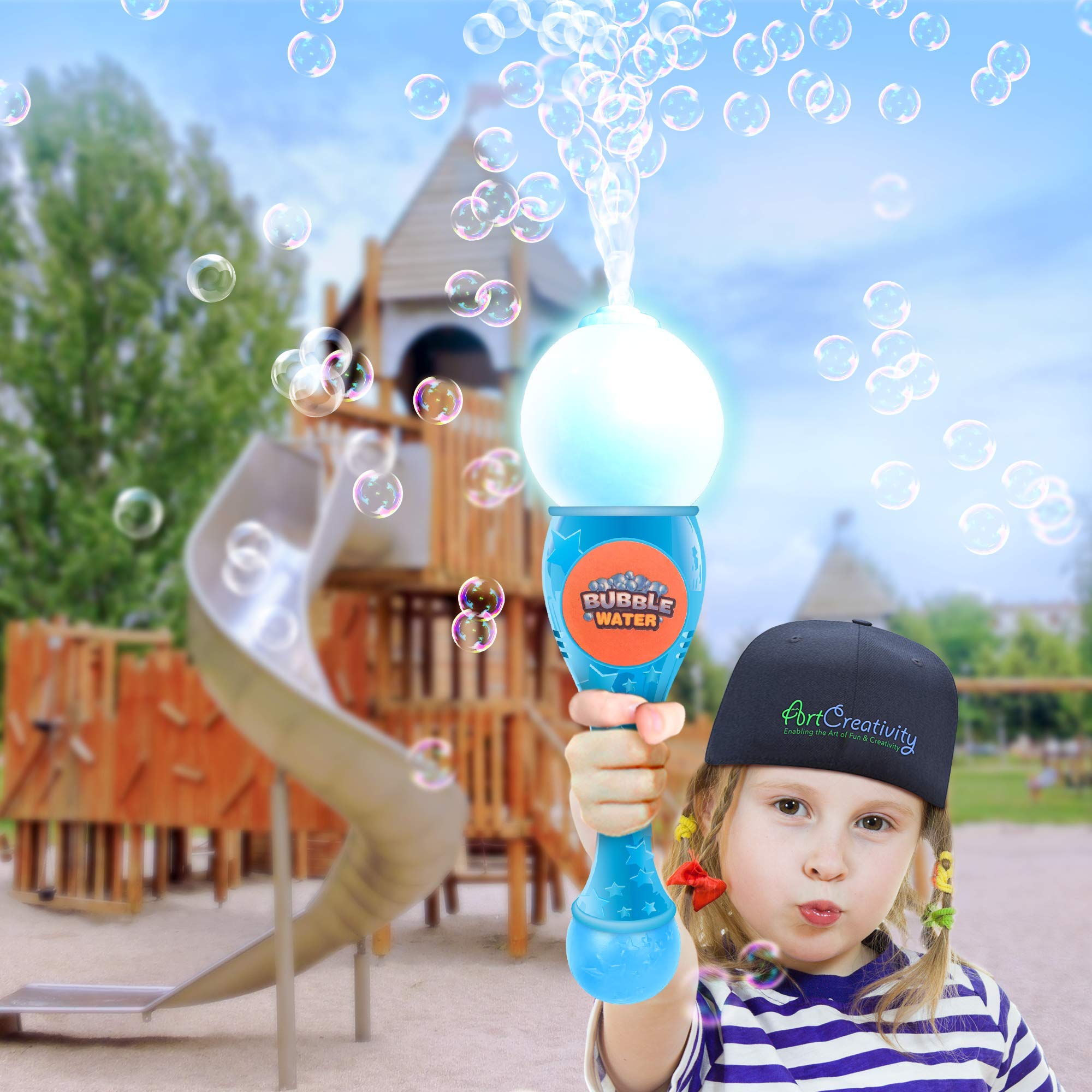ArtCreativity LED Light Up Automatic Bubble Blower Wand for Kids - Musical Bubble Maker Toy with Included Bubble Fluid & Batteries (Blue) - Perfect for Birthday Parties, Outdoor Play & Toddler Gift Ideas