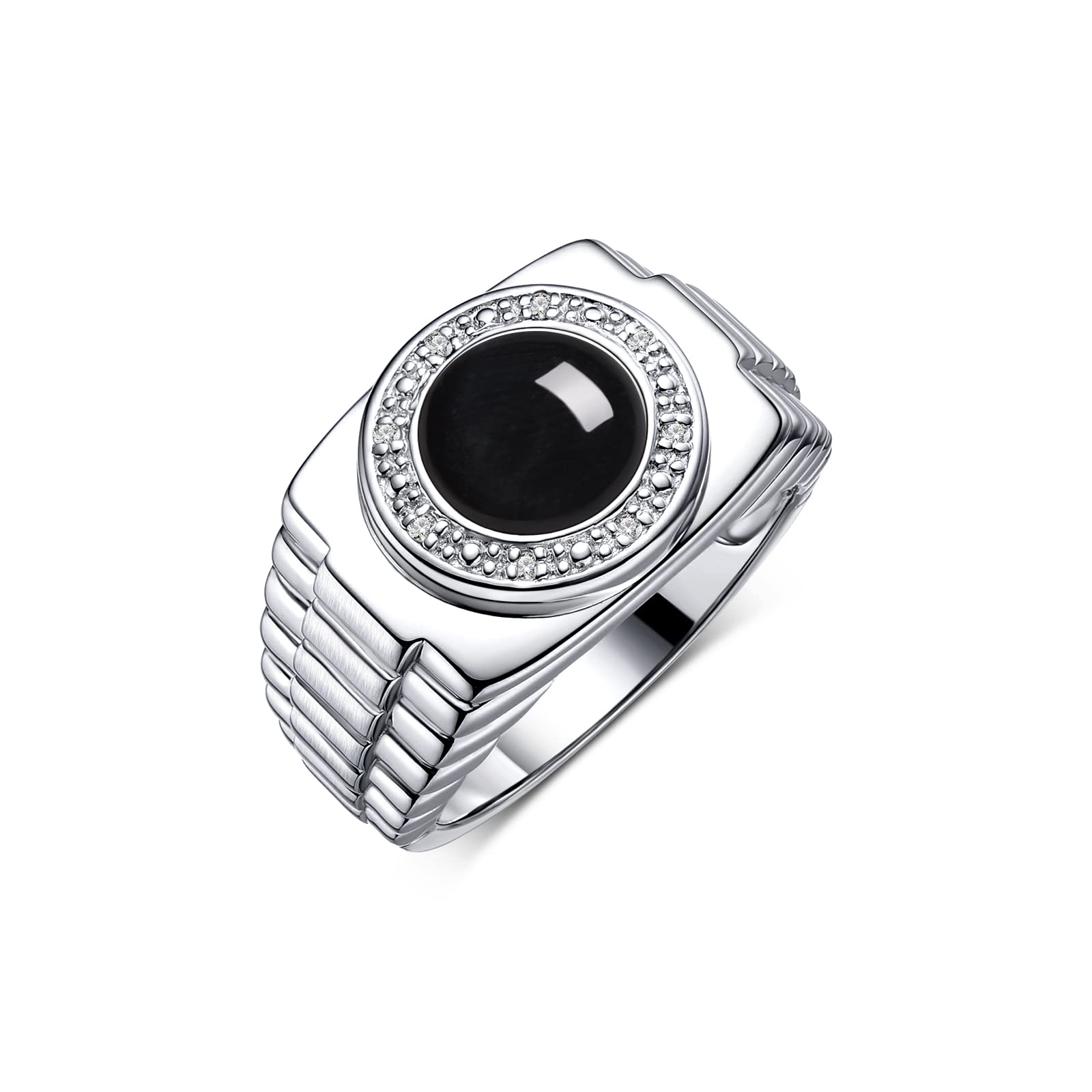 Rylos Men's Sterling Silver Round Cabochon Gemstone & Diamond Rings – Designer Style Jewelry for Men, Sizes 8-13 – Perfect for Weddings, Anniversaries & Special Occasions