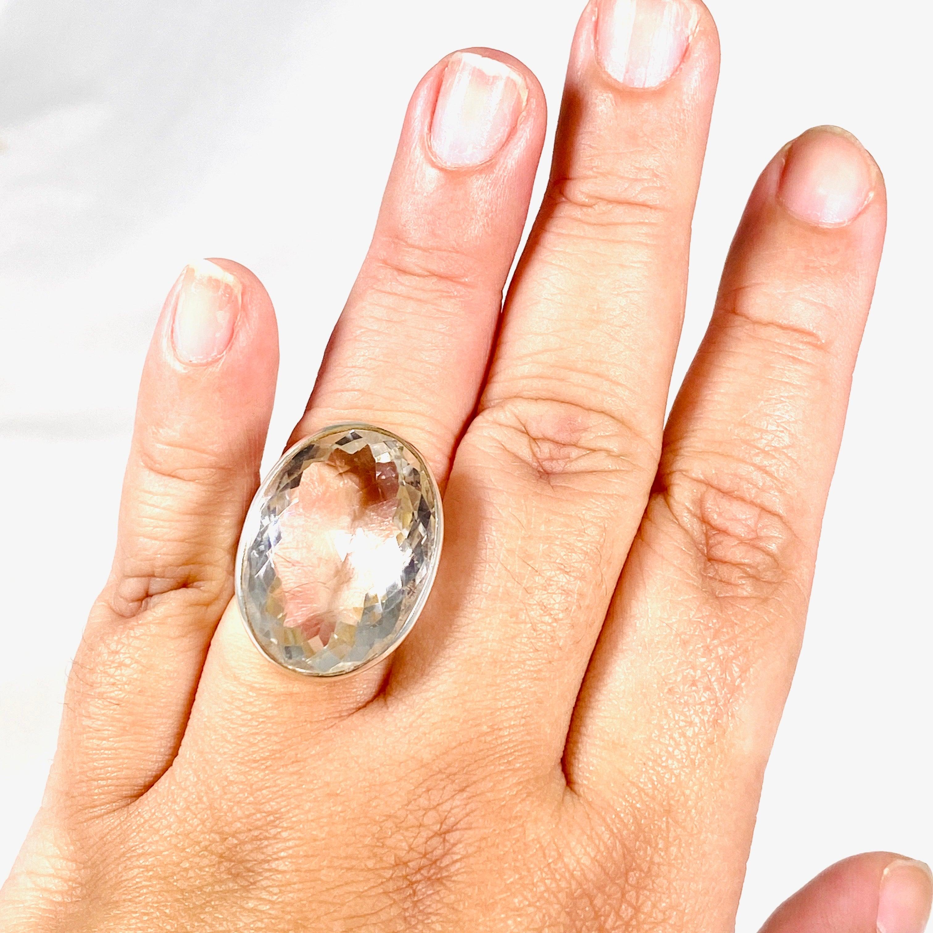 Natural Clear Quartz Oval Faceted Sterling Silver Ring Size 10 - Elegant Crystal Jewelry for Women, Perfect for Weddings, Parties & Everyday Wear