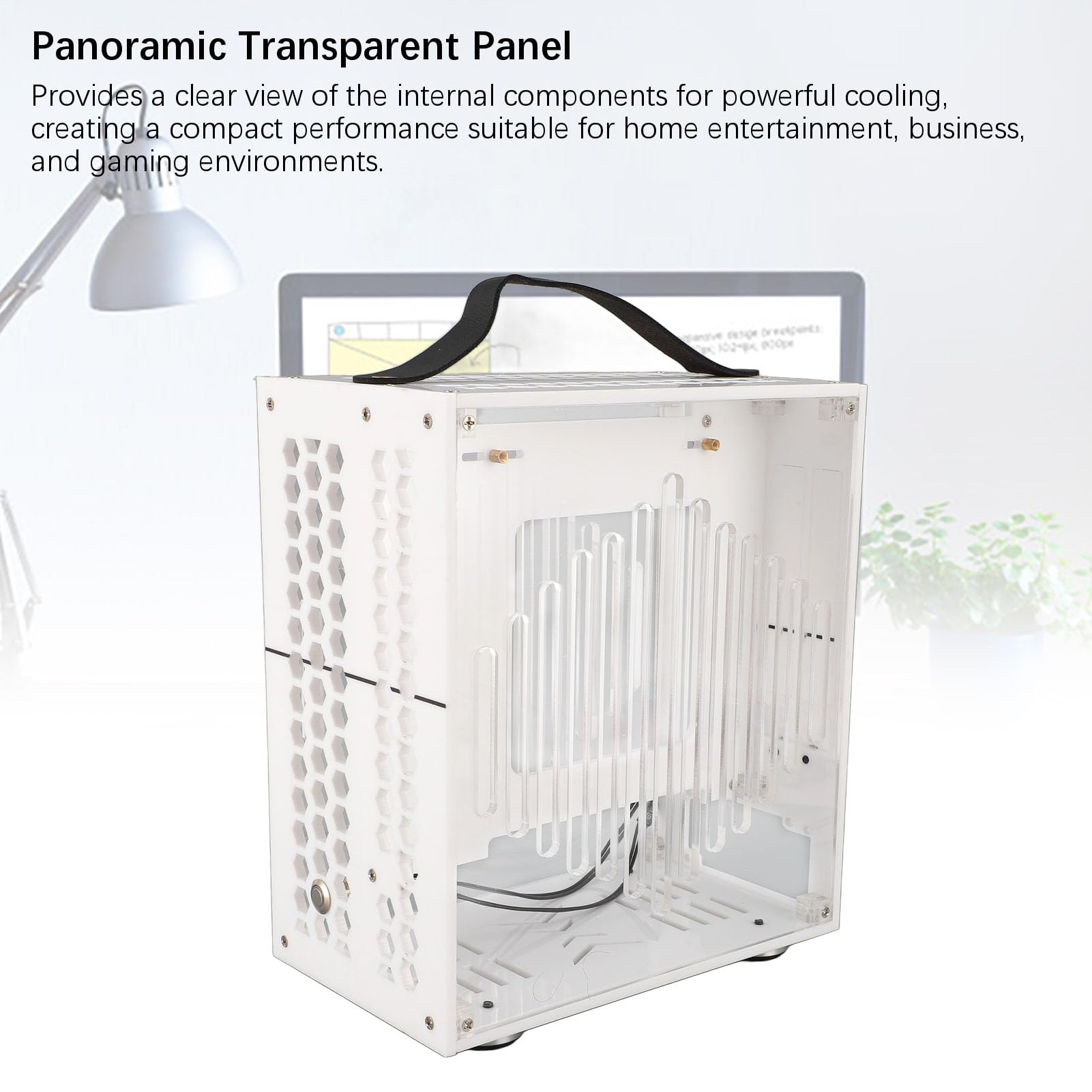 Mini ITX PC Case with Handle - 360° Open Hollow Airflow Design, Transparent Acrylic Gaming Computer Chassis for DIY Builds, Workstation & Home Office (White) | Perfect for Compact Gaming Rigs & Streaming Setups