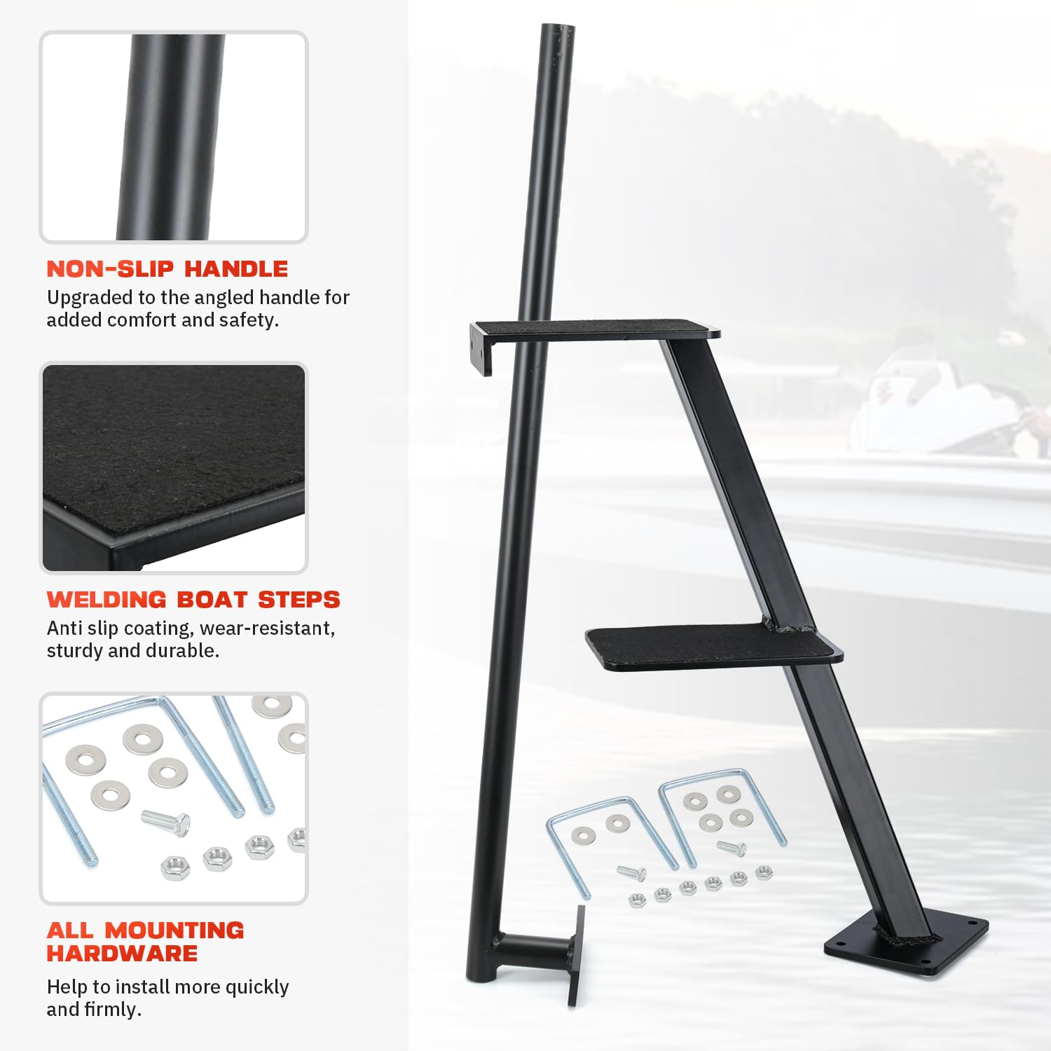 Dual Step Bass Boat Trailer Ladder - Folding Boat Steps with Anti-Slip Grip Tape for Most Bass Boats & Trailers - Non-Slip Surface (2 Steps) - Perfect for Easy Boarding & Fishing Access