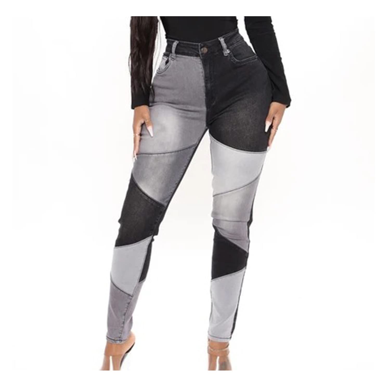 Trendy Women's Patchwork Jeans with Elastic Waist - Two Tone Stretchy Denim Pants for Casual Wear & Street Fashion