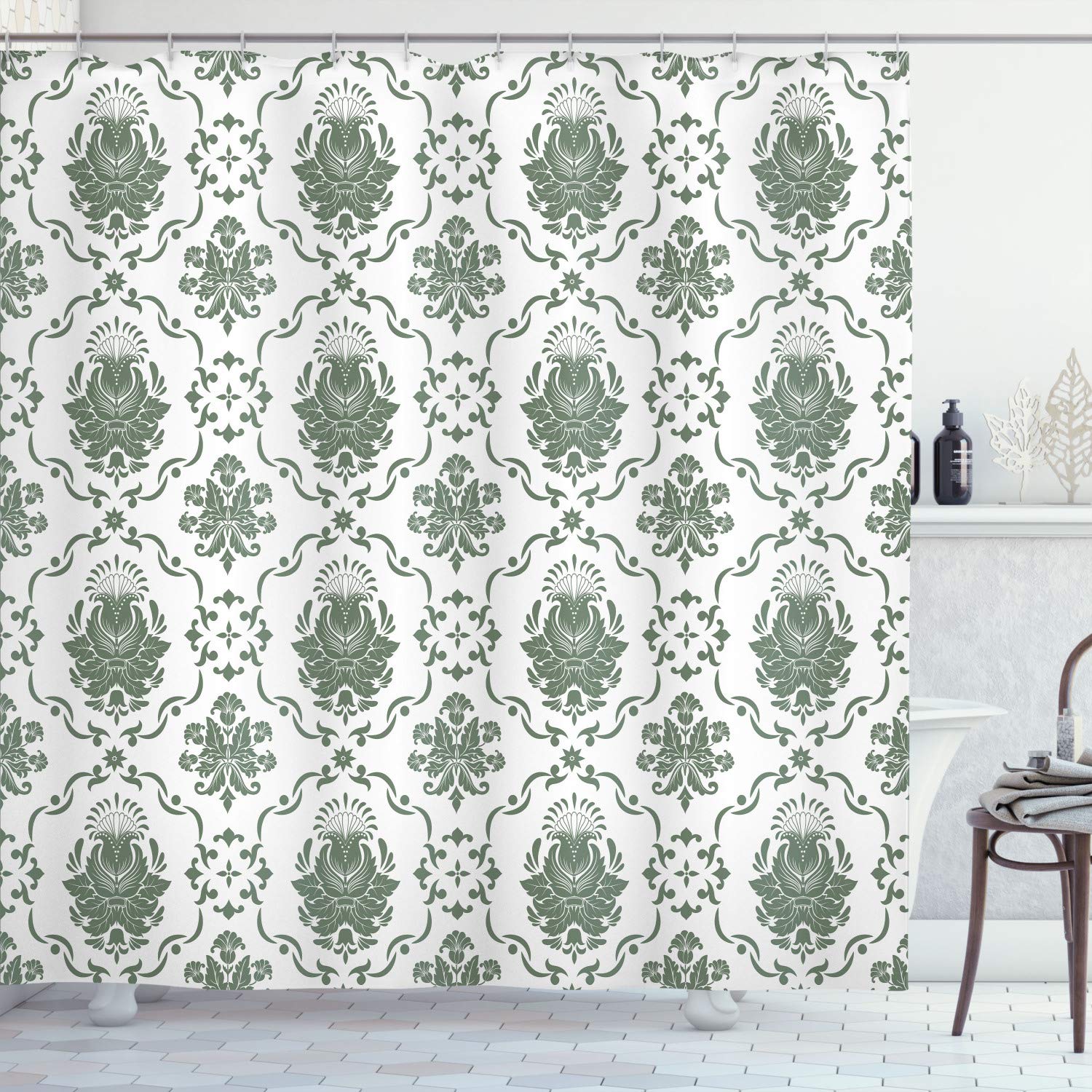 Ambesonne Floral Shower Curtain - Vintage Victorian Tulip Pattern Bathroom Decor Set with Hooks, 70