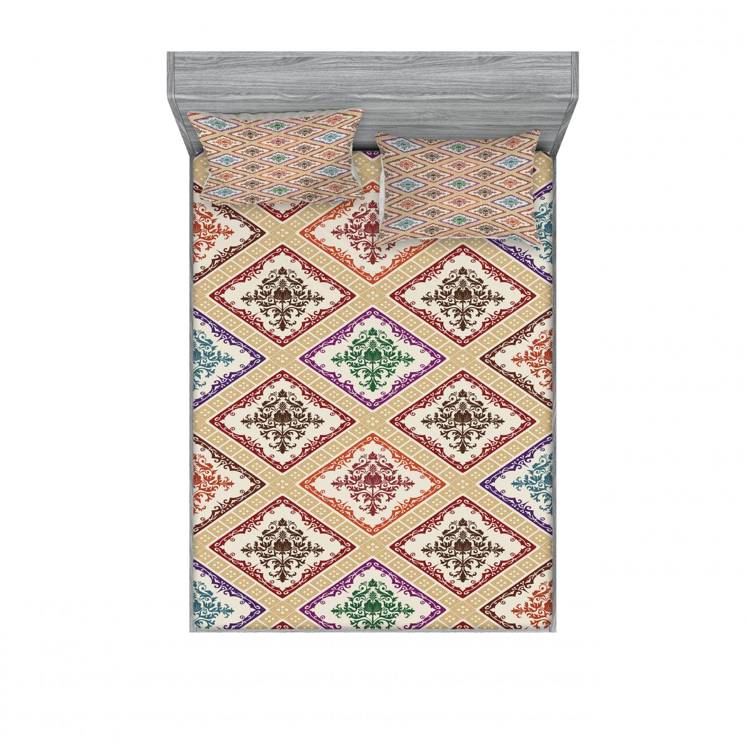 Ambesonne 2-Pack Queen Size Fitted Sheet Set with 4 Pillow Shams - Ivory & Multicolor Rhombus Damask Pattern Bedding - Perfect for Guest Rooms, Master Bedrooms & Vacation Homes
