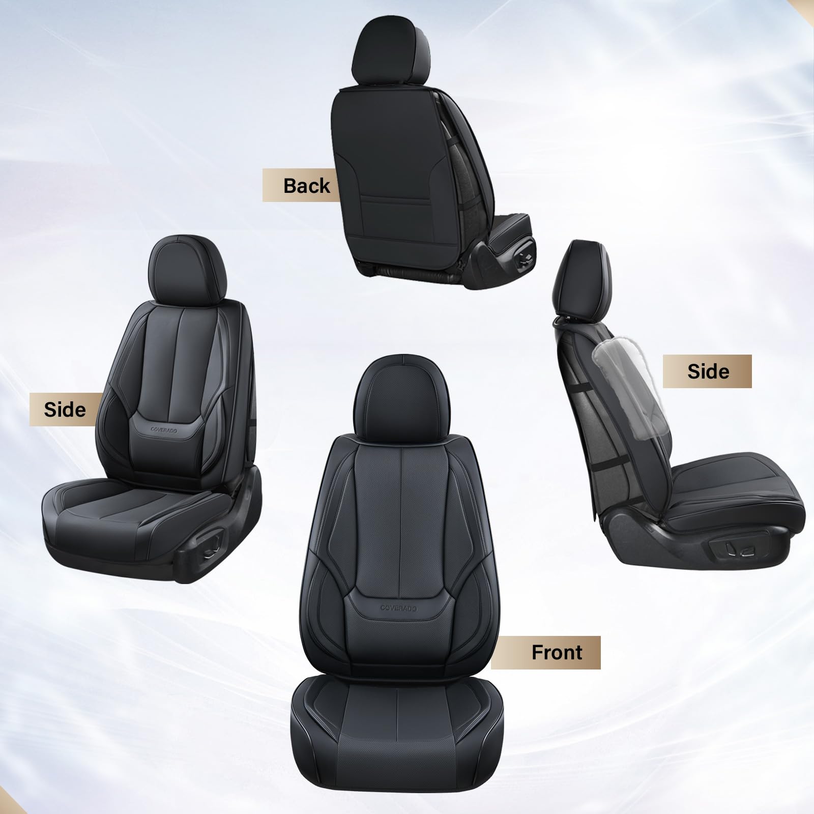 Coverado Universal Front Seat Covers - 2-Piece Waterproof Nappa Leather Car Seat Protectors for Sedans, SUVs & Trucks | Black Auto Accessories for Comfort & Style | Perfect for Daily Commute, Road Trips & Work Vehicles