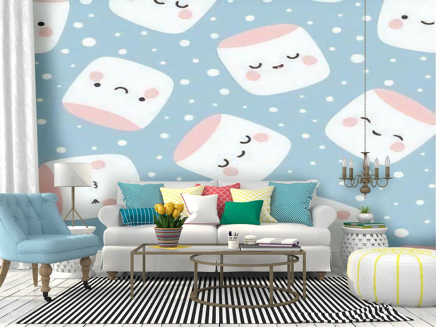 Cute Marshmallow Face Character Wallpaper Canvas Print - Self-Adhesive Peel & Stick Wall Mural Decal (100x144 inches, 254x365cm) for Living Room, Bedroom & Nursery Decor