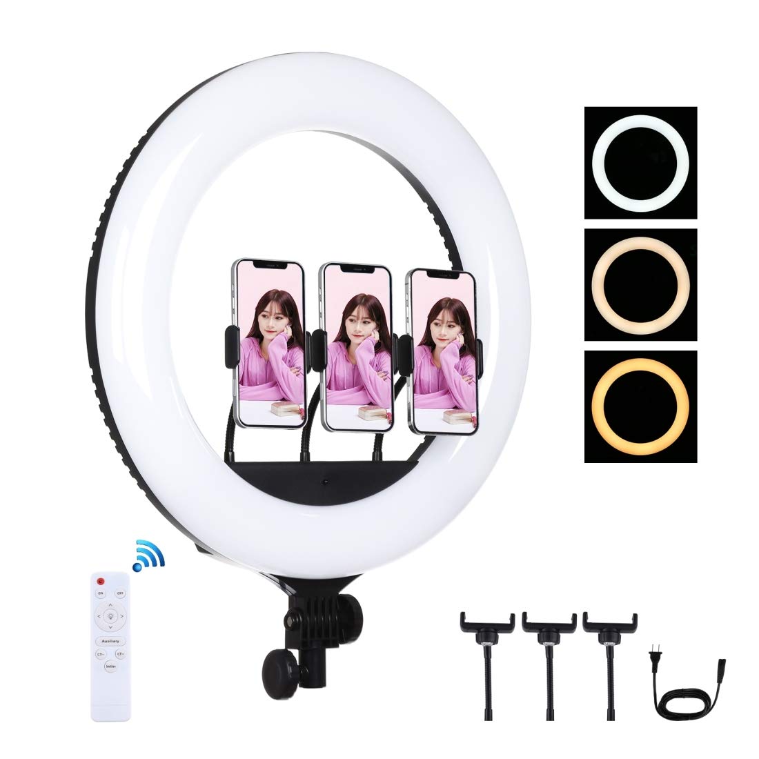 PULUZ 18-inch LED Ring Light with Remote - 3 Modes Dimmable USB Photography Light for Vlogging, Live Streaming & Video Shooting - Includes 3 Phone Clamps (Holder Not Included) - Perfect for YouTube, TikTok, Instagram & Zoom Meetings