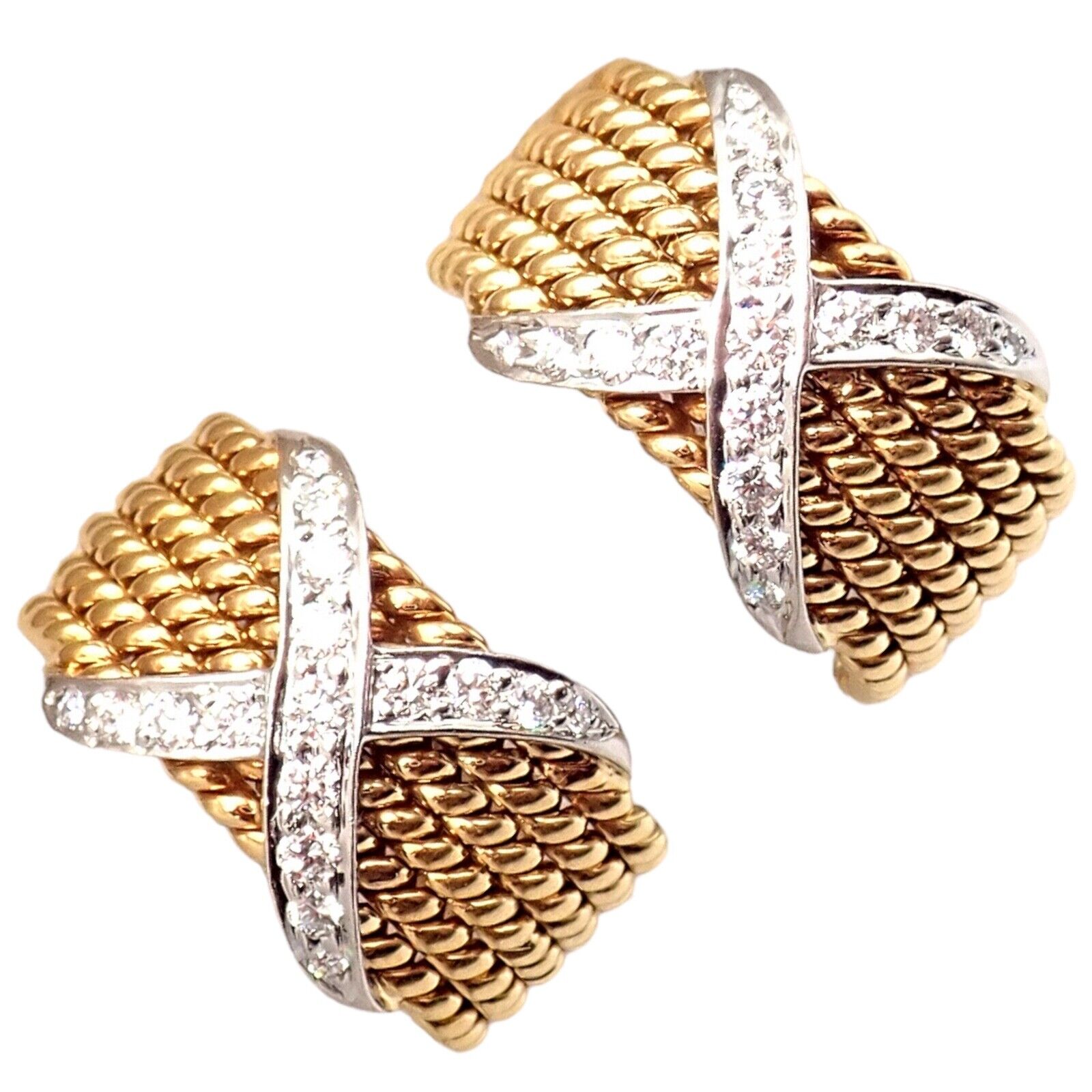 Tiffany & Co Schlumberger 18k Yellow Gold Platinum Diamond 6 Row Rope X Earrings - Luxury Diamond Hoop Earrings for Women, Perfect for Weddings, Parties & Special Occasions