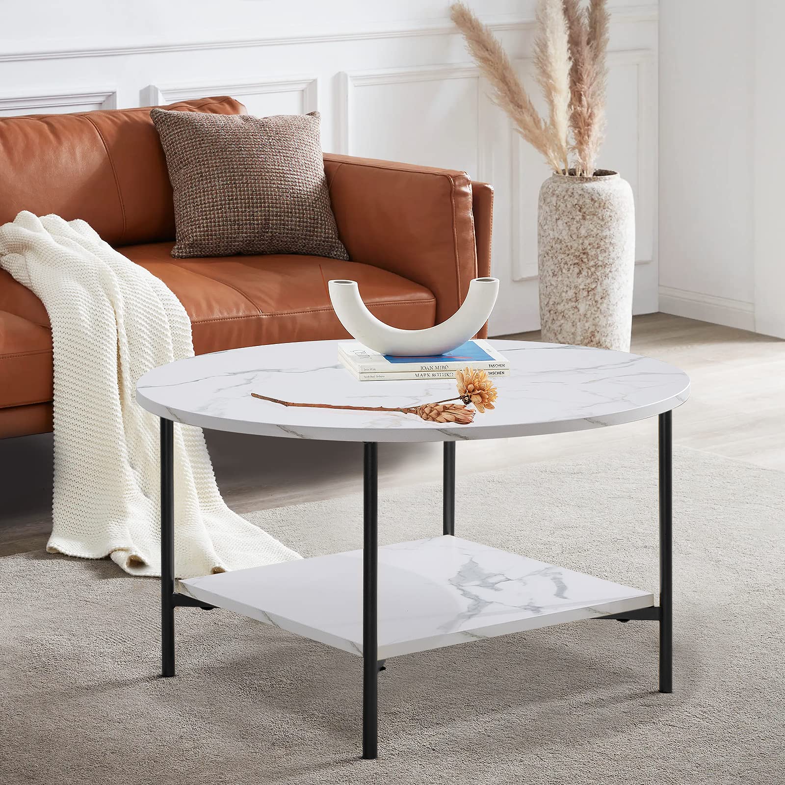 Modern 2-Tier Round Coffee Table with Shelf - 31