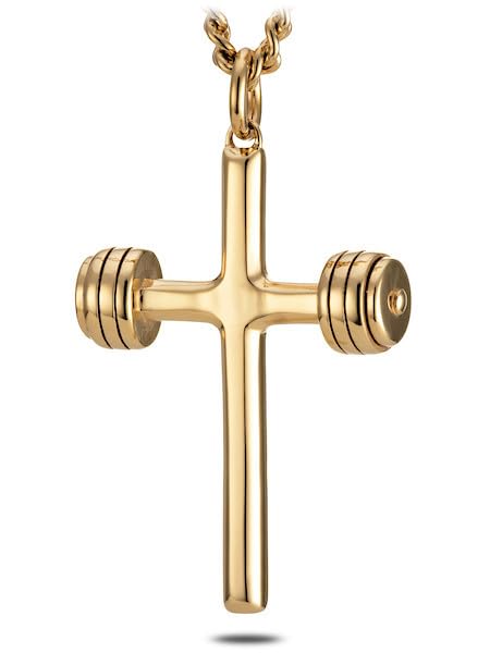 Shields of Strength 14K Gold Plated Stainless Steel Dumbbell Cross Pendant Necklace for Men - John 19:30 Bible Verse Engraved - Christian Religious Jewelry Gift for Fitness Enthusiasts & Gym Lovers