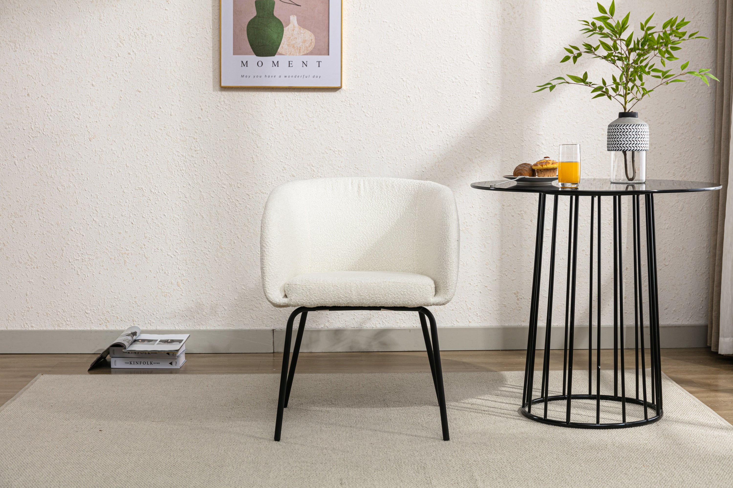 Boucle Fabric Dining Chair with Black Metal Legs - Set of 1 - Modern Upholstered Accent Chair for Kitchen, Dining Room, or Office