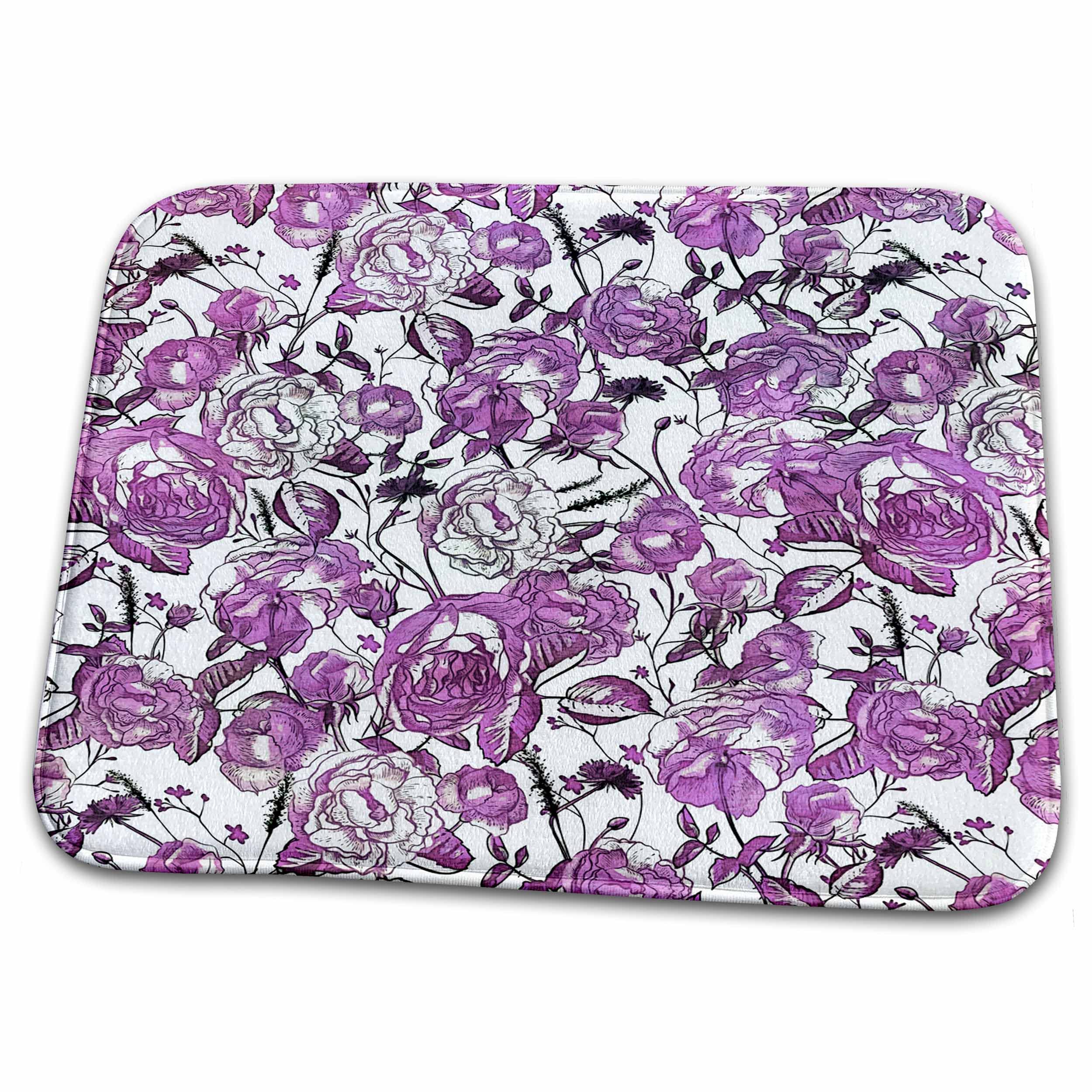 3D Rose Romantic Vintage Purple Flower Pattern Dish Drying Mat Set - Absorbent Kitchen Towel for Dishes, Cups & Utensils - Perfect for Countertop Protection & Drying Rack Use (ddm-274727-1)