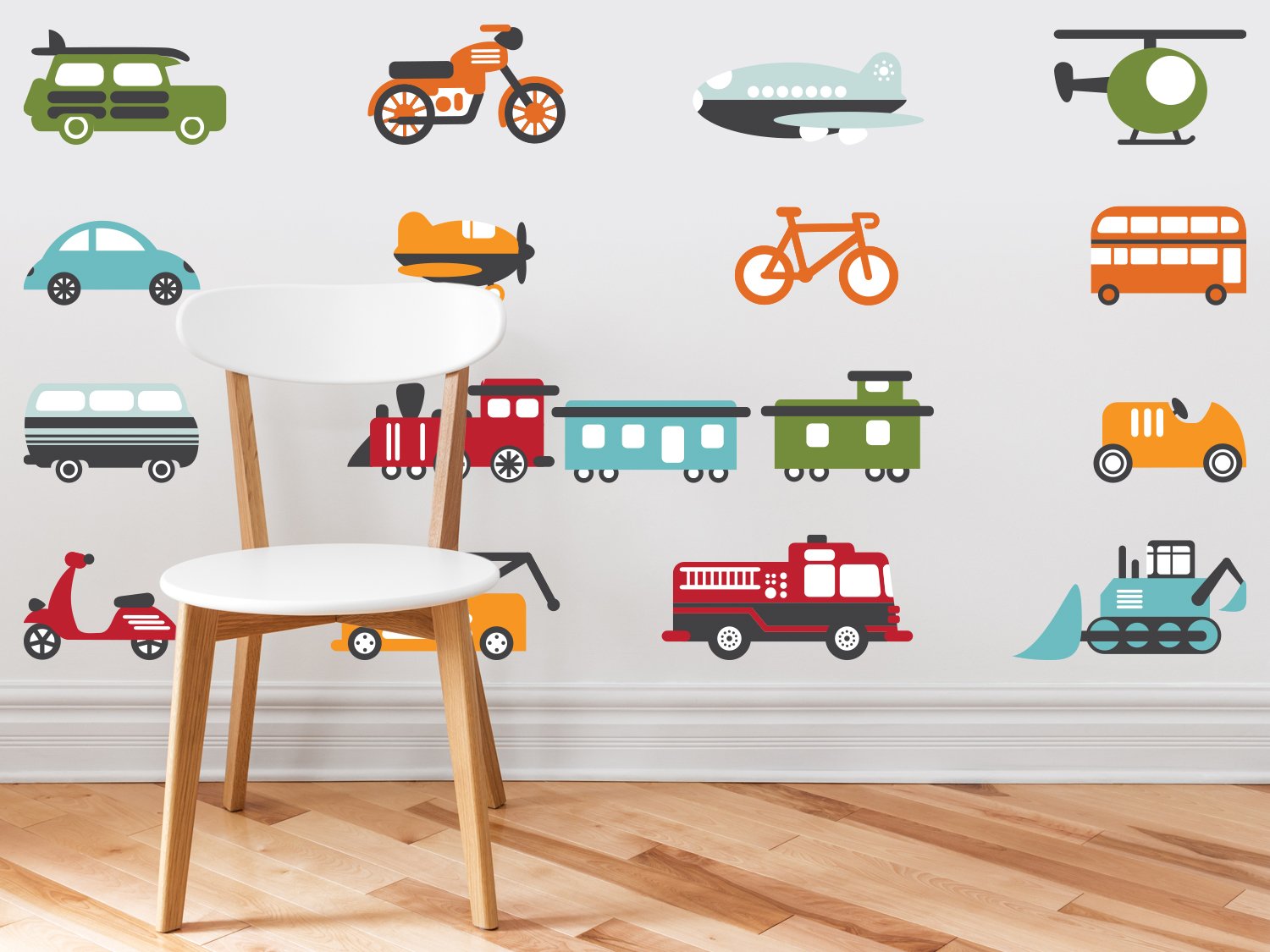 Transportation Fabric Wall Decals Complete Set - Trains, Planes, Cars, Bikes & Tractors - Medium Size Wall Stickers for Kids Room, Nursery & Playroom Decor