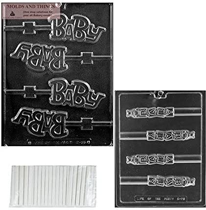 Baby Block Pretzel Chocolate Candy Mold - Premium 'BABY' Lollipop Mold for Homemade Treats with Copyrighted Candy Making Guide + 50 Sticks - Perfect for Baby Showers, Birthday Parties & DIY Chocolate Gifts