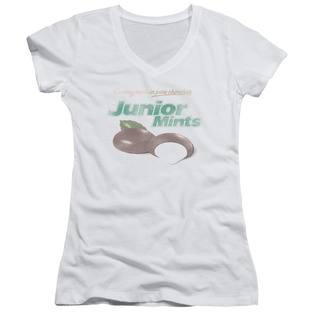 Tootsie Roll Junior Mints Logo Juniors' Sheer Fitted V-Neck T-Shirt - Cute Candy-Themed Graphic Tee for Women & Teens - Perfect for Casual Wear, Parties & Candy Lovers