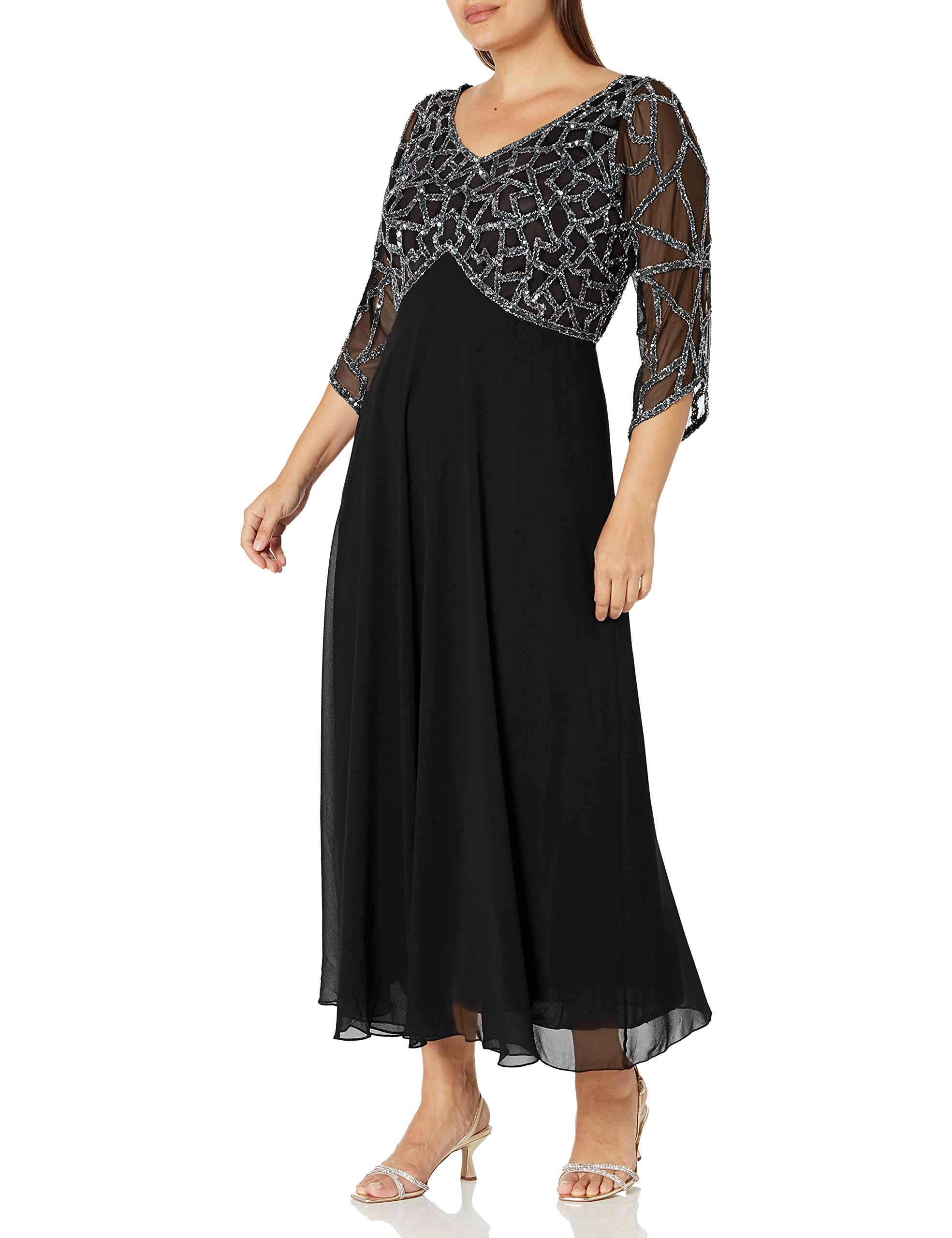 J Kara Women's Plus Size 3/4 Sleeve V-Neck Geometrical Beaded Long Maxi Dress for Evening Party, Wedding Guest & Special Occasions