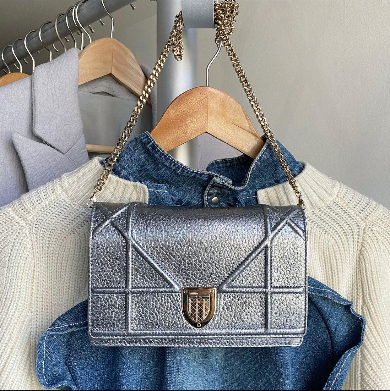 Diorama Metallic Grey Silver Calf Leather Crossbody Wallet on Chain Bag - Perfect for Evening Parties, Date Nights & Special Occasions