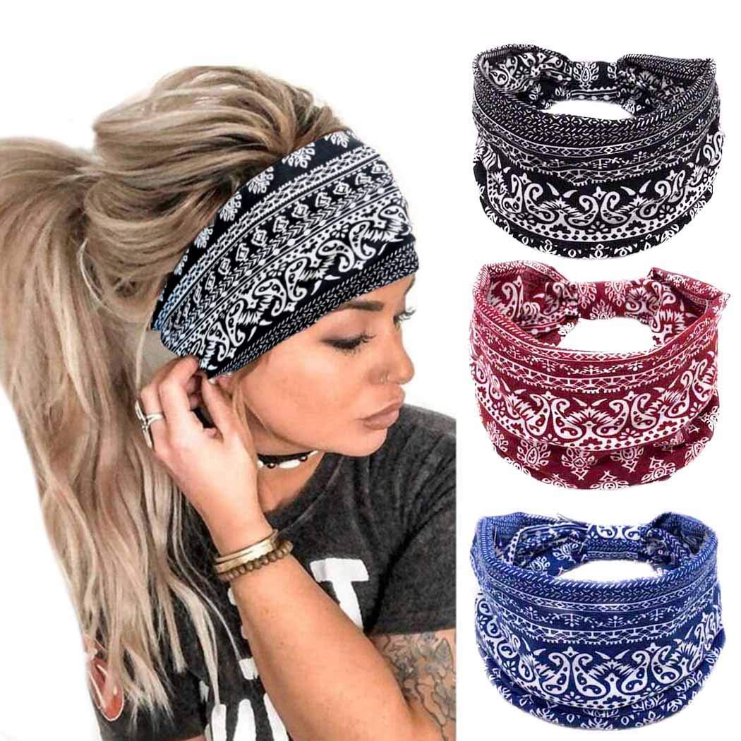 Bohend Boho Headbands for Women - Wide Knotted Stretchy Cotton Hair Bands, Fashion Printed Bandeau Headwraps - Perfect for Yoga, Sports, Travel & Everyday Wear (Style A)