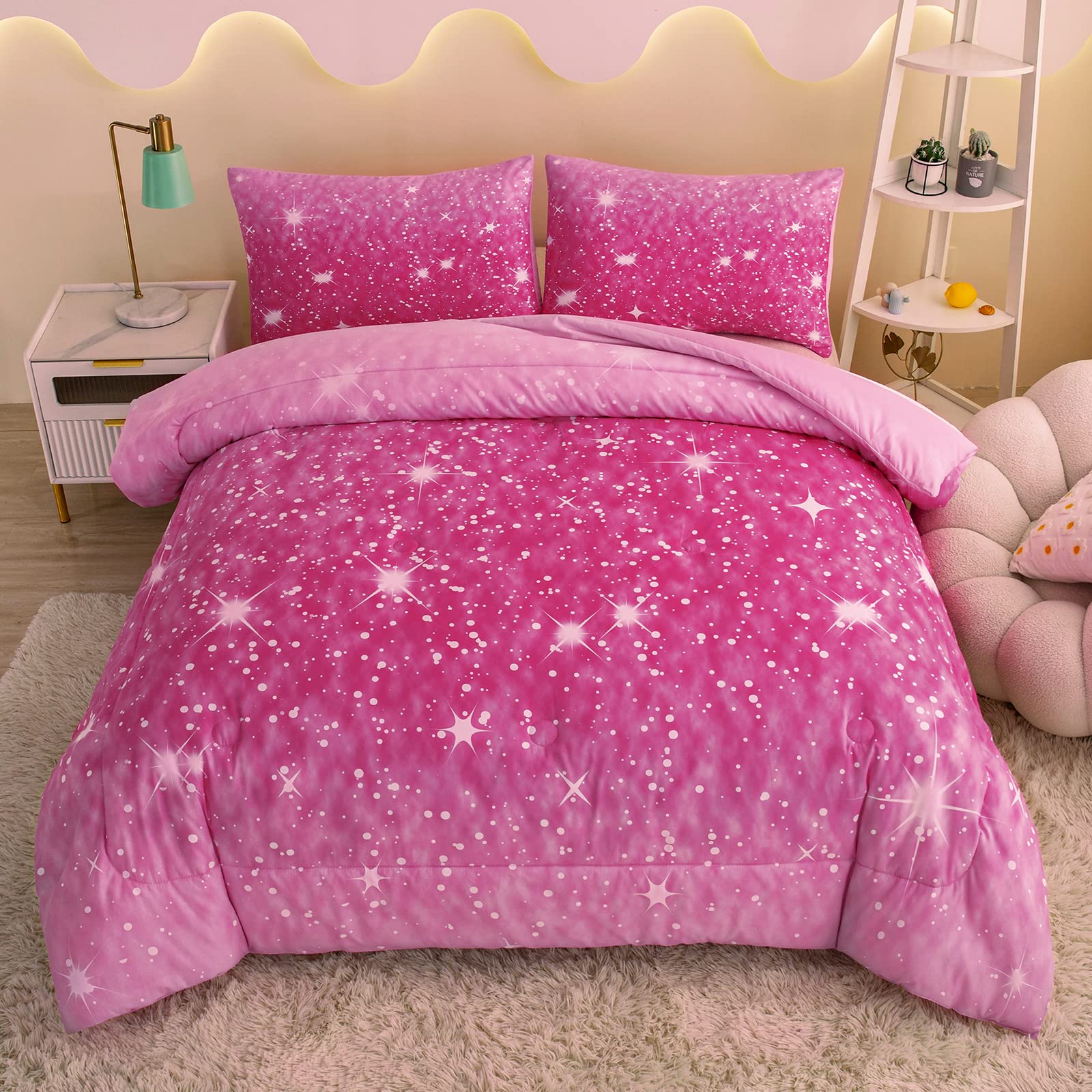 Sparkly Galaxy Full Size Comforter Set for Girls - Pink Glitter Bedding with 2 Pillowcases (3 Piece Set) | Soft & Cozy Teen Room Decor for Sleepovers & Birthday Gifts