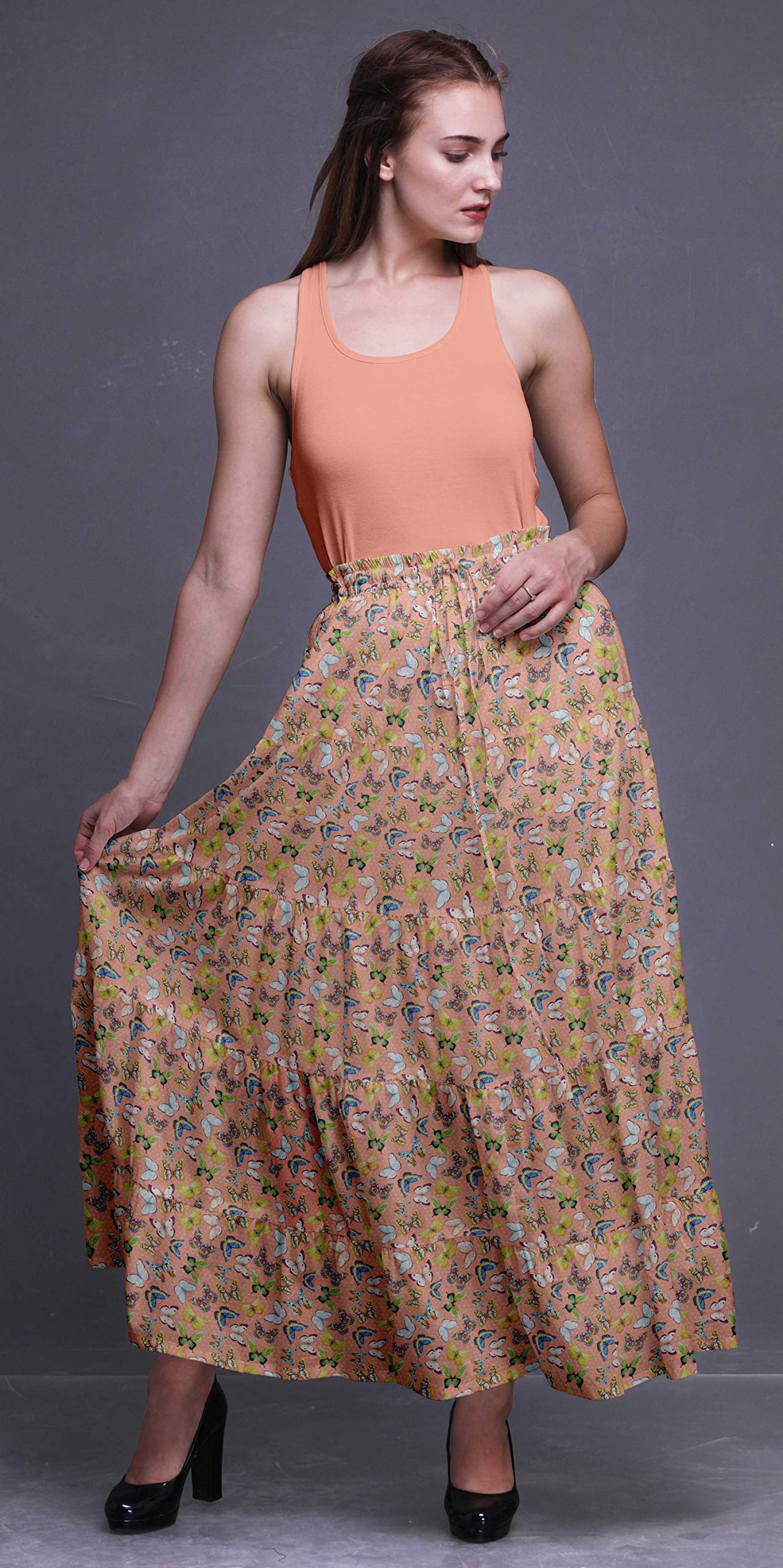 Bimba Women's Printed Long 5-Tier Cotton Skirt - Boho Maxi Skirt for Women, Summer Beach Dress, Casual Outfit, Festival Fashion, Vacation Wear