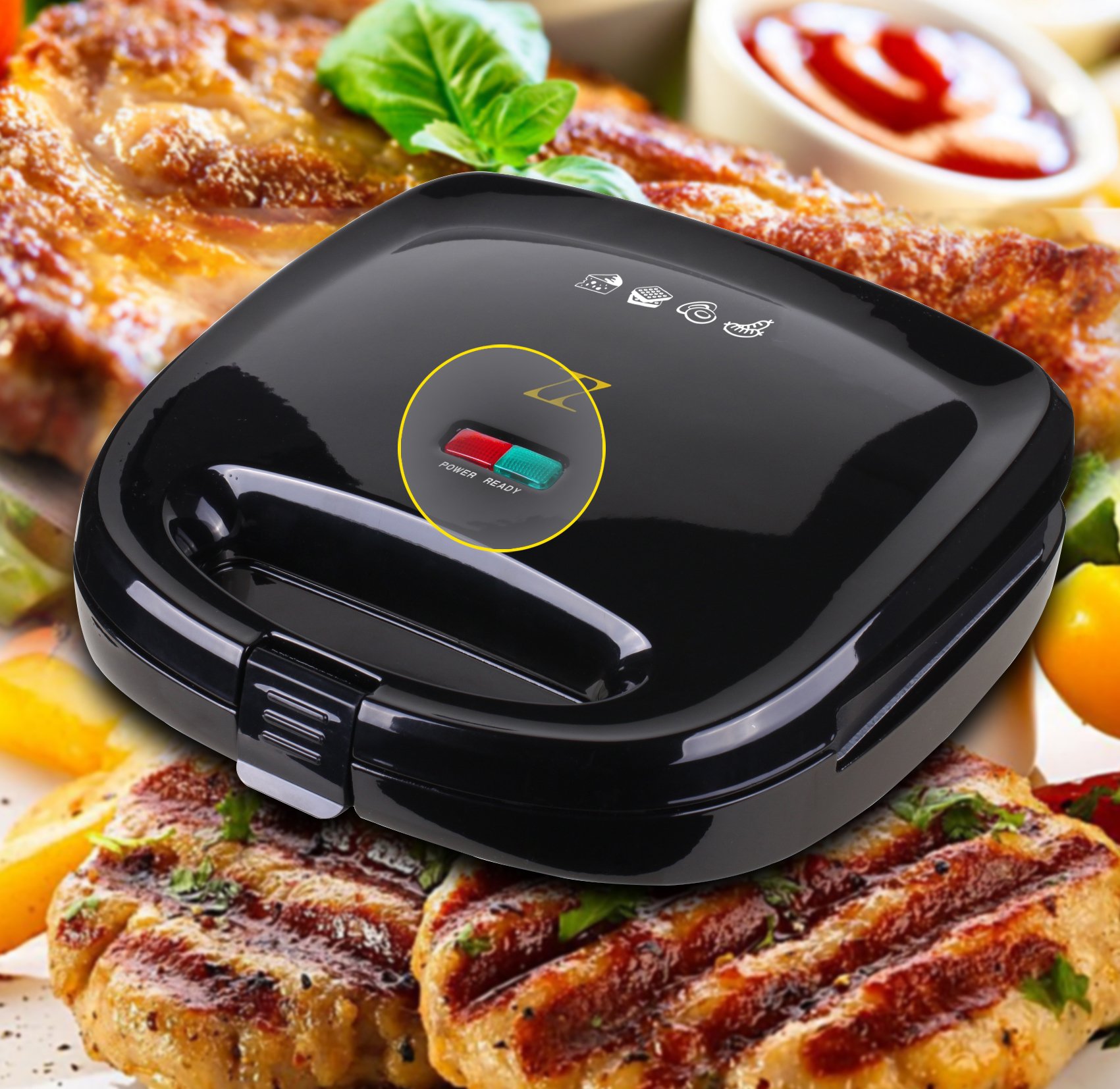 ZZ Breakfast Sandwich Maker with Detachable Non-Stick Plates - Perfect for Quick & Easy Breakfast, Lunch or Snacks at Home, Office or Dorm (Model S6141A-B)