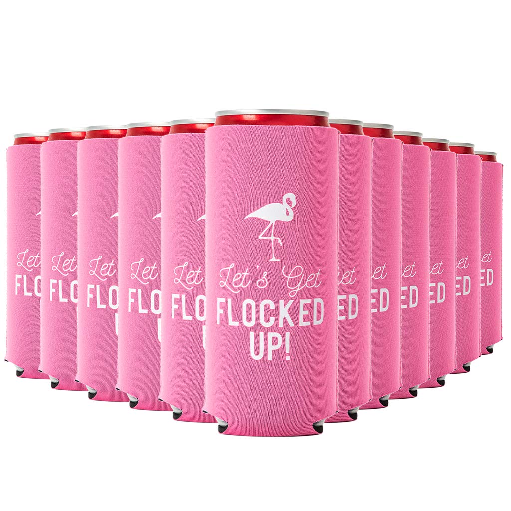 Set of 12 Slim Pink & White Flamingo Can Coolers - Perfect for Flamingo Themed Parties, Bachelorette Events & Bridal Showers - Keep Drinks Cold at Pool Parties & Summer Gatherings