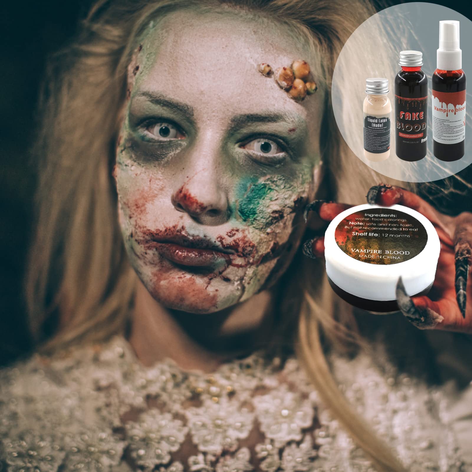 TOPJOWGA Halloween Fake Blood Makeup Kit - Special FX Blood Gel, Liquid Latex, Fake Blood Spray with 2 Makeup Sponges & Spatula for Scary Halloween Costumes & Special Effects