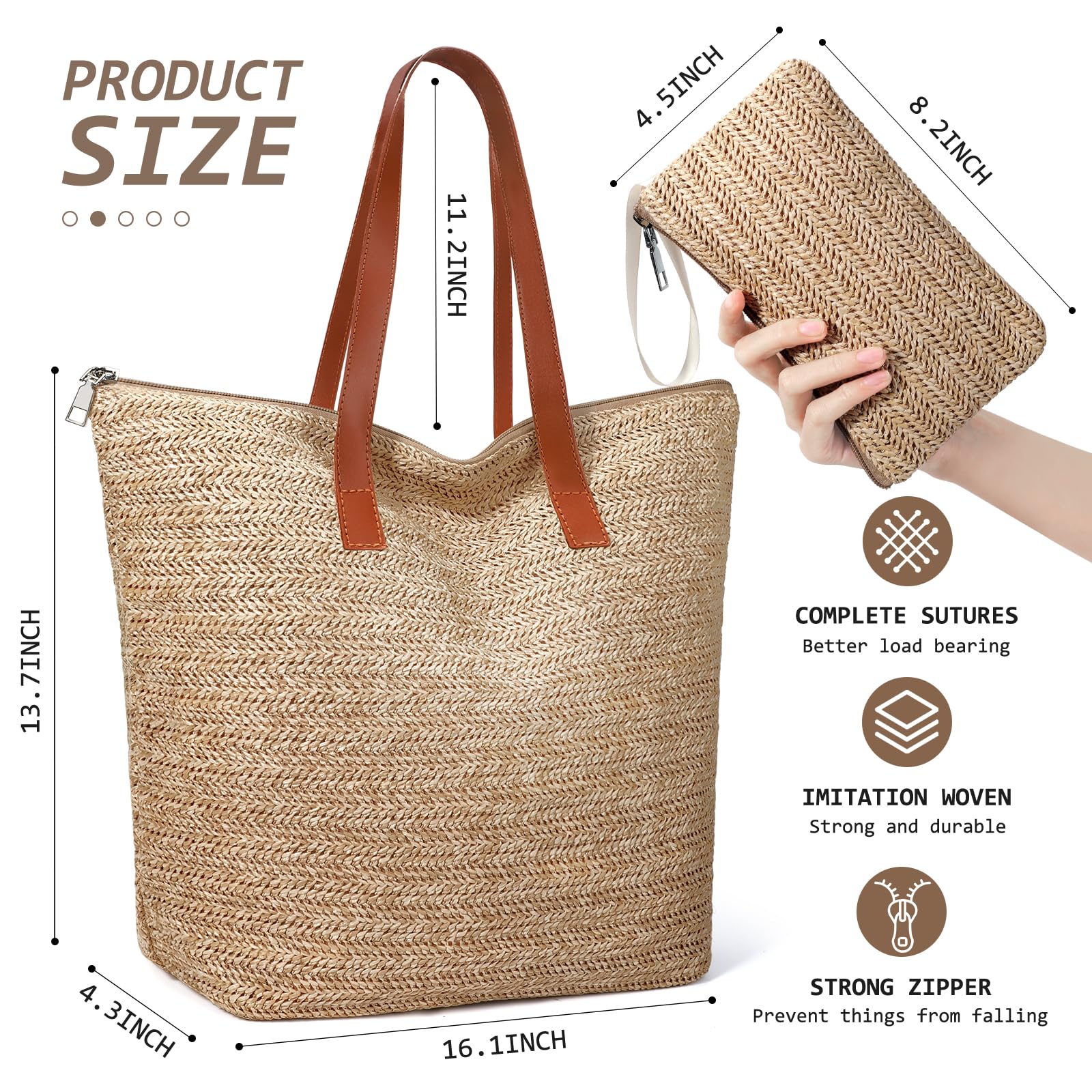 Straw Beach Bag for Women - Woven Summer Tote Shoulder Handbag Boho Style | Perfect for Beach Vacations, Pool Parties & Summer Outings