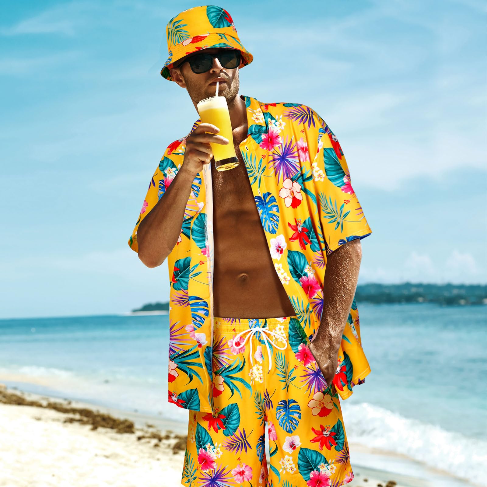 Harloon 4Pcs Men's Hawaiian Shirt and Shorts Set - Tropical Floral Button Down Beach Outfit with Bucket Hat & Sunglasses | Summer Vacation, Pool Party, Luau, Cruise Wear