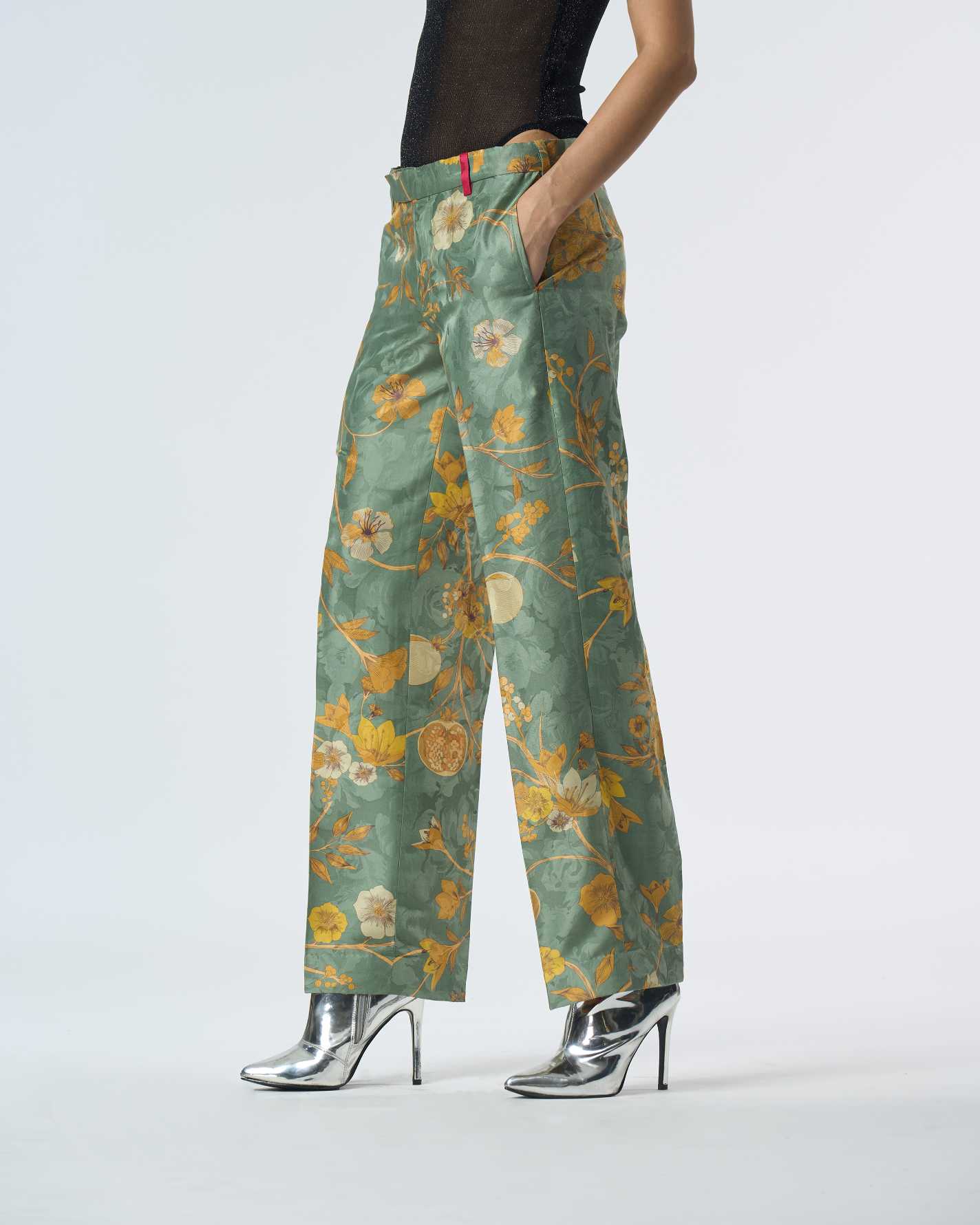 Premium Straight Fit Silk Damask Trousers in Sage Green - Elegant Office Wear & Formal Occasions
