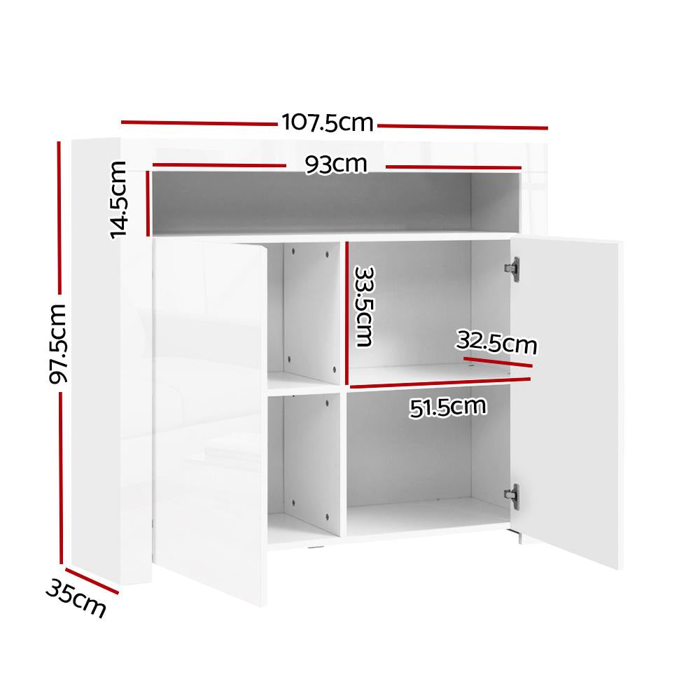Modern Buffet Sideboard Cabinet with LED Lighting - High Gloss White Storage Cupboard with 2 Doors - Perfect for Dining Room, Living Room & Entryway Storage