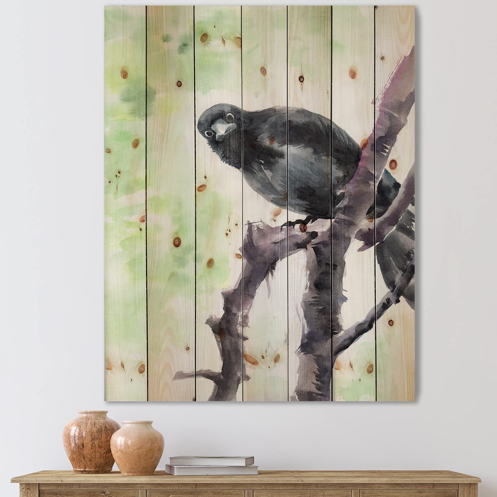 DesignQ Traditional Wood Wall Decor - Curious Crow on Branch Green Wood Art, Large Animal Wall Panel Printed on Natural Pine - Perfect for Living Room, Bedroom & Farmhouse Decor