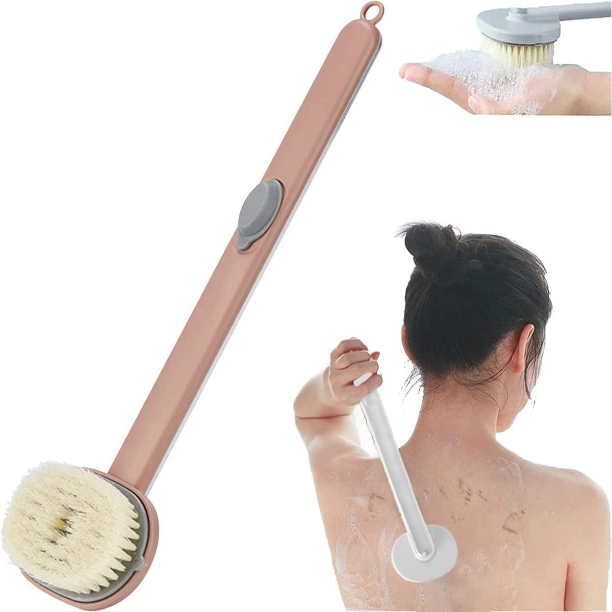 Long Handle Back Scrubber Brush for Shower - Refillable Silicone Body Wash Brush with Soft Bristles for Wet/Dry Skin Exfoliation - Perfect Bath Accessory for Hard-to-Reach Areas (Pink) - Ideal for Spa, Home Use & Travel